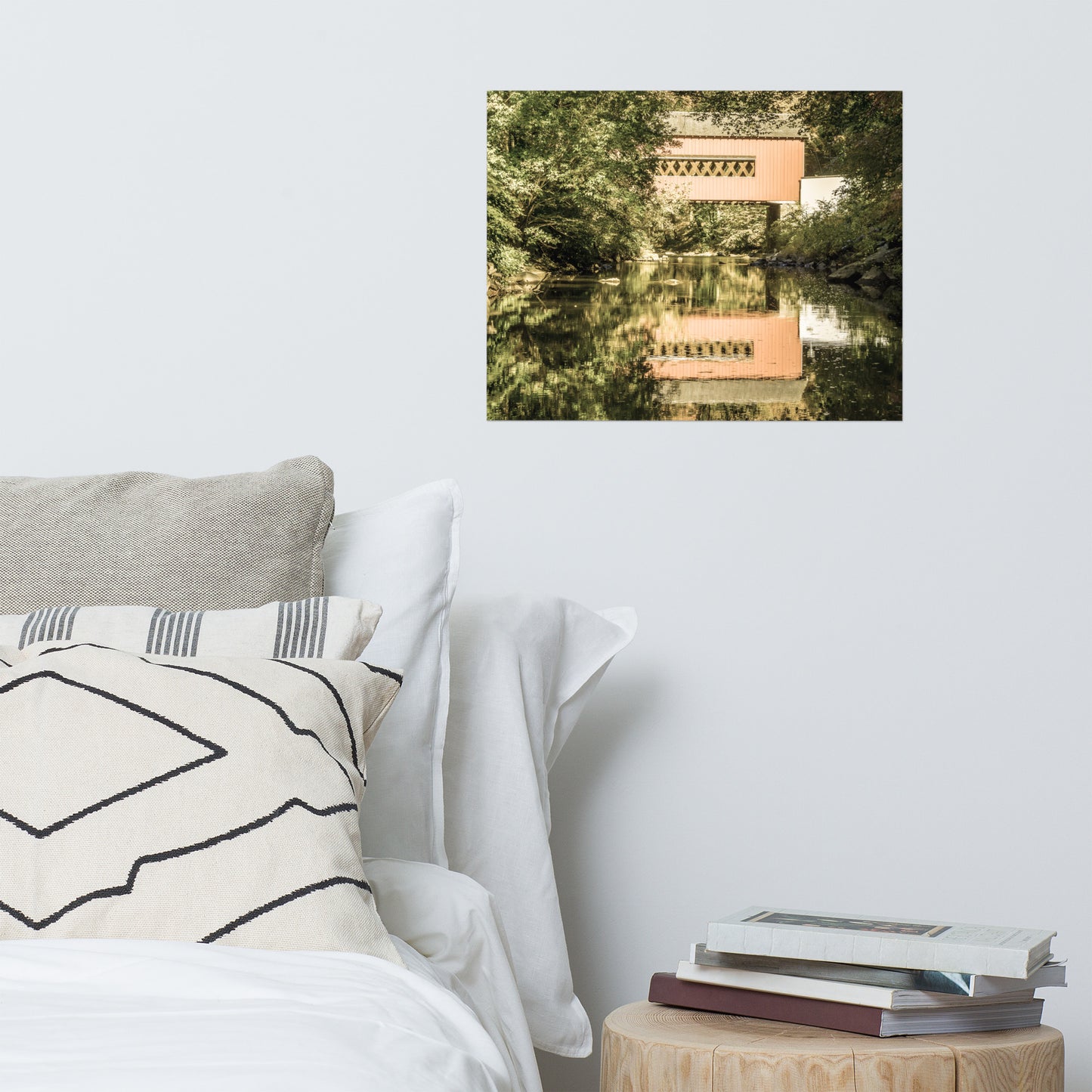 The Reflection of Wooddale Covered Bridge Aged Rustic Farmhouse Style Landscape Photo Loose Wall Art Prints