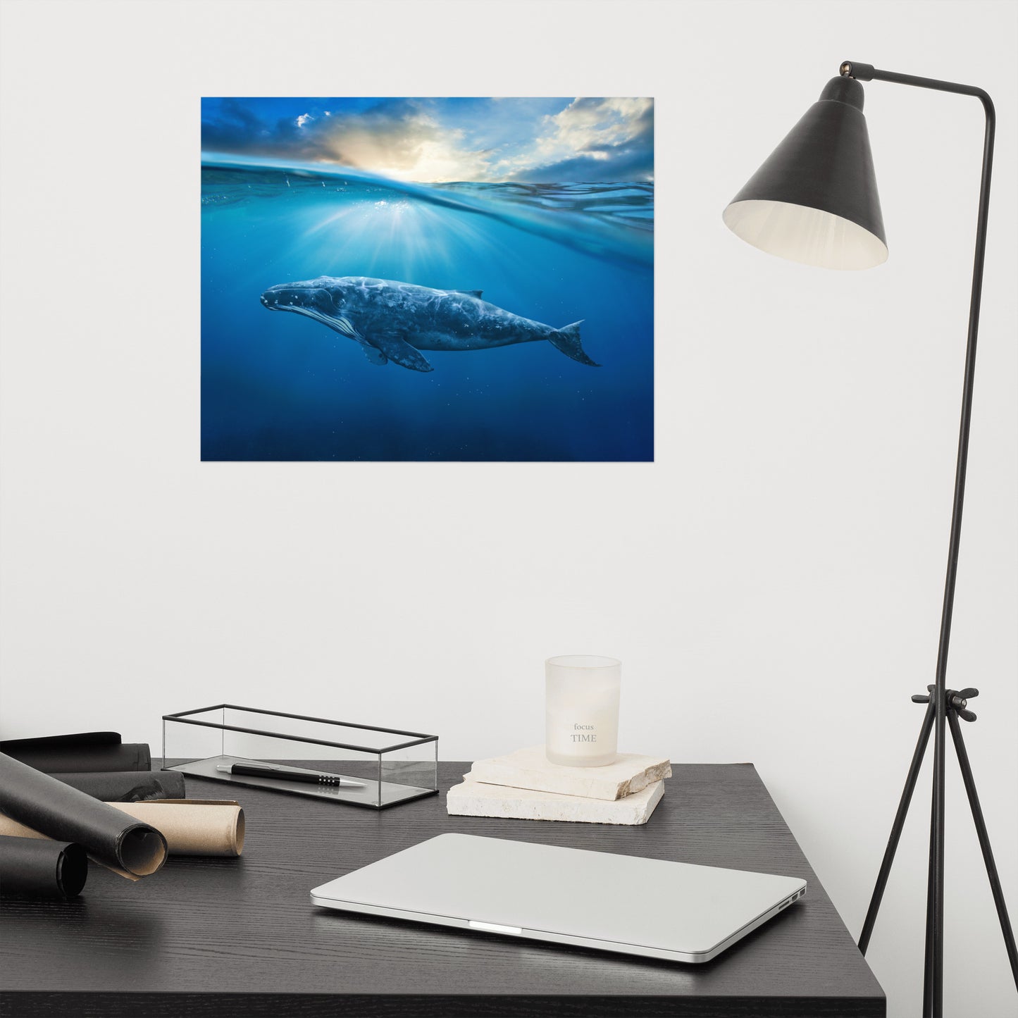 Dreamy Blue Whale Ocean Sunset Glory Rays Loose Wall Art Print