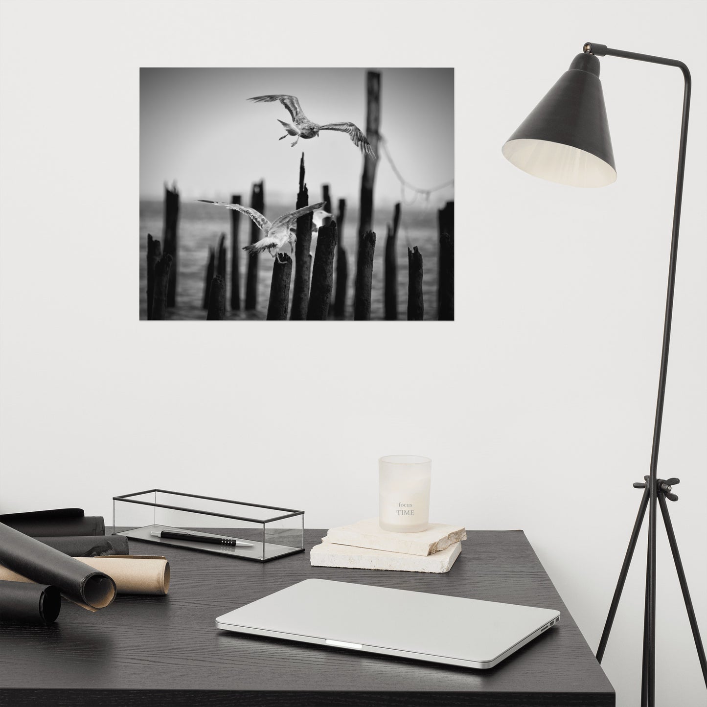 Flying Sea Gull in Black and White Moody Bird / Animal / Wildlife Photo Loose Wall Art Print