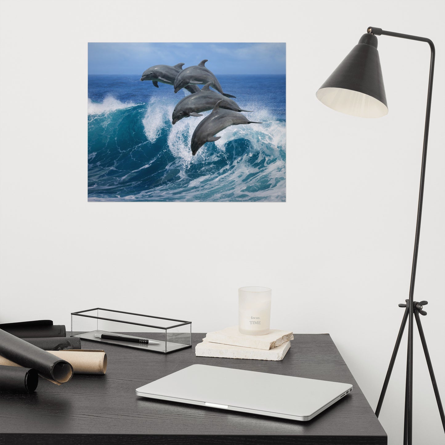 Four Bottle Noise Dolphins Jumping Waves In Tropical Blue Ocean Animal Wildlife Photograph Loose Wall Art Print