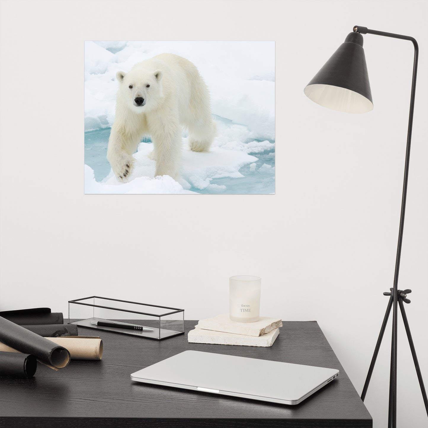 Giant White Polar Bear Walking On Icy Lake Winter Wildlife Photograph Loose Wall Art Print