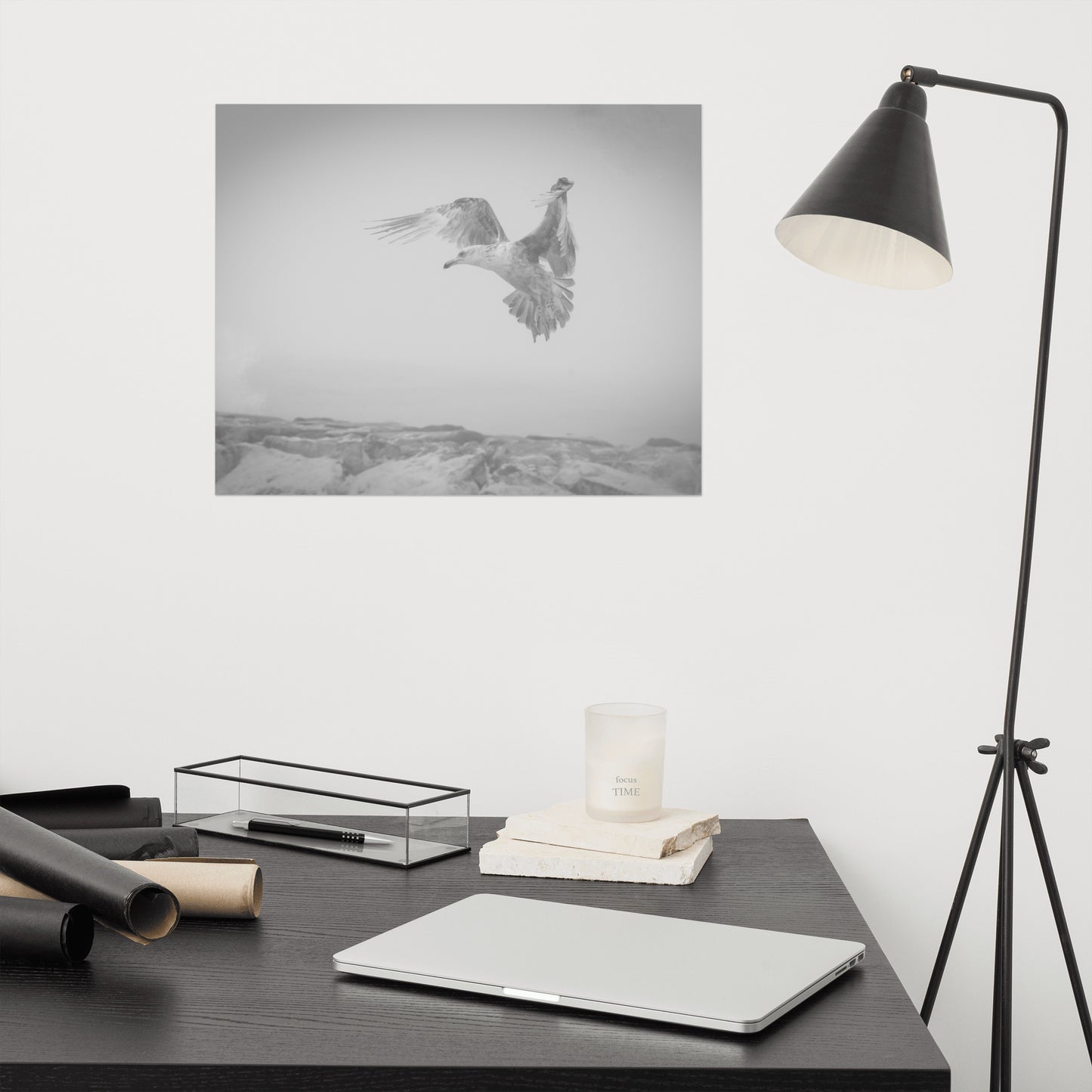 Gull in the Mist Black and White Bird / Animal / Wildlife Photograph Loose Wall Art Print