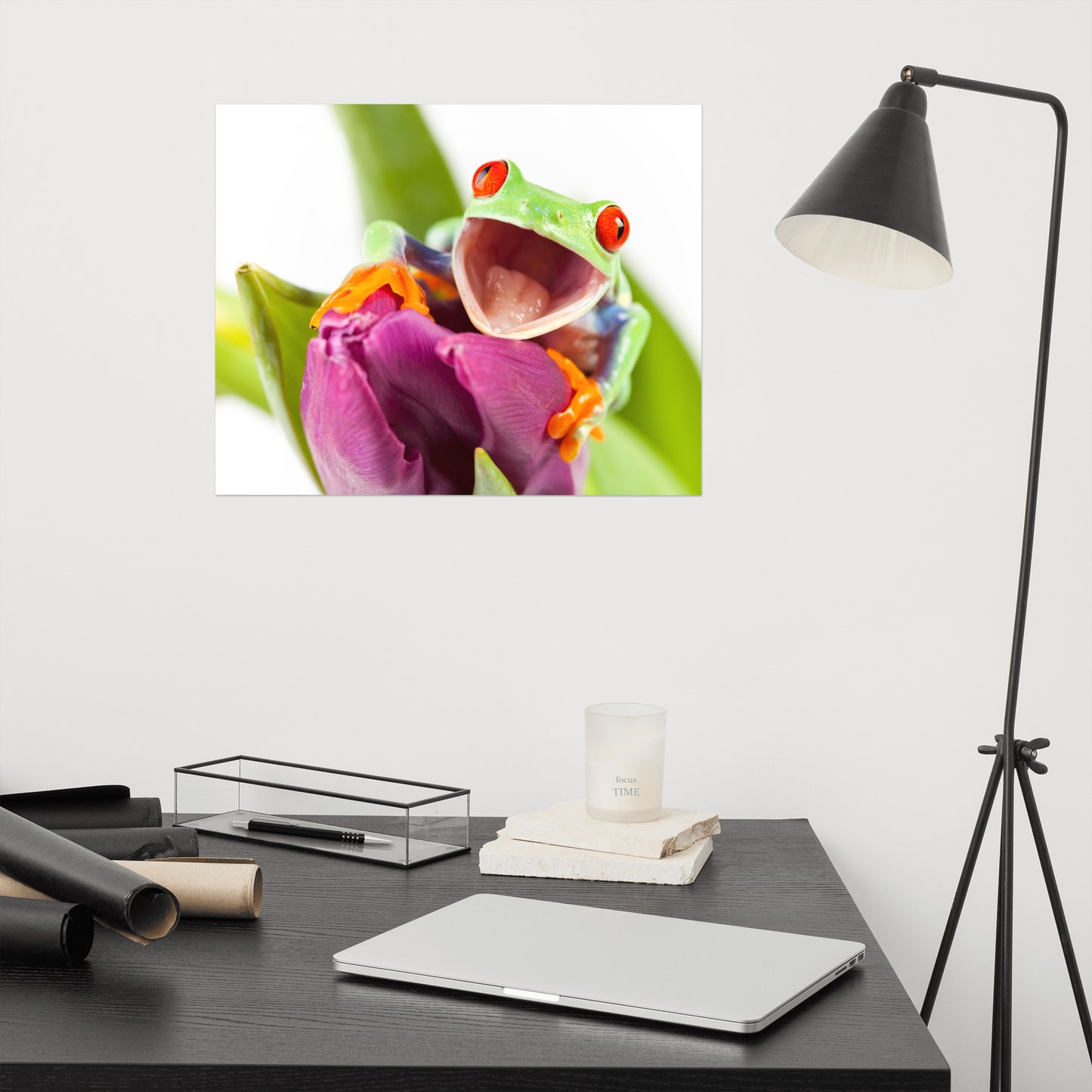 Happy Red Eyed Tree Frog Sitting on Purple Tulip Flower Bloom Wildlife Nature Photo Loose Wall Art Print