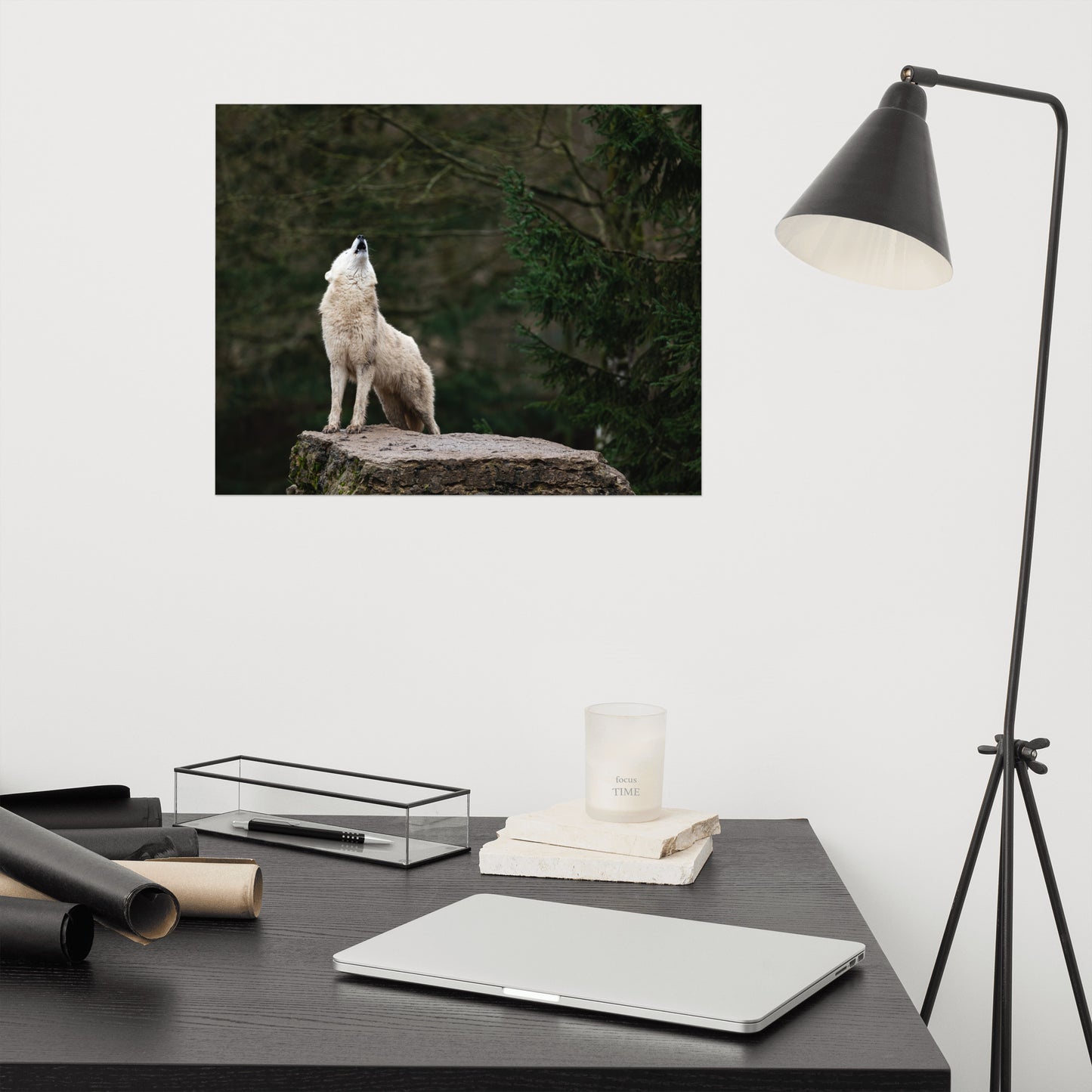 Howling White Wolf In The Forest Rustic Farmhouse Style Animal Wildlife Nature Photograph Loose Wall Art Print