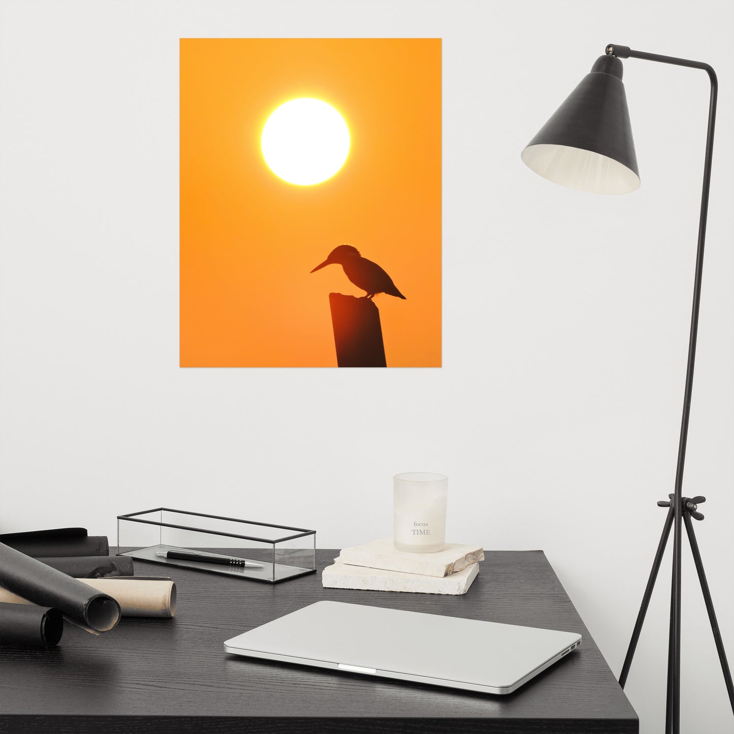 Kingfisher Bird Silhouette on Perch at Sunset Loose Wall Art Print