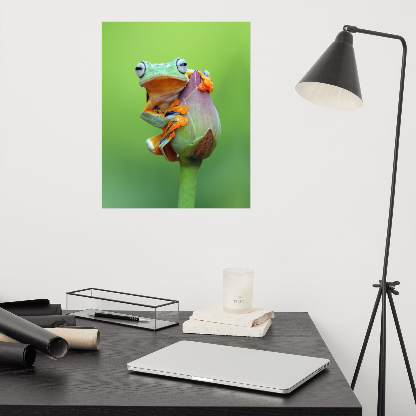 Tiny Green Tree Frog on Lotus Bloom Animal Wildlife Floral Nature Photograph Loose Wall Art Print