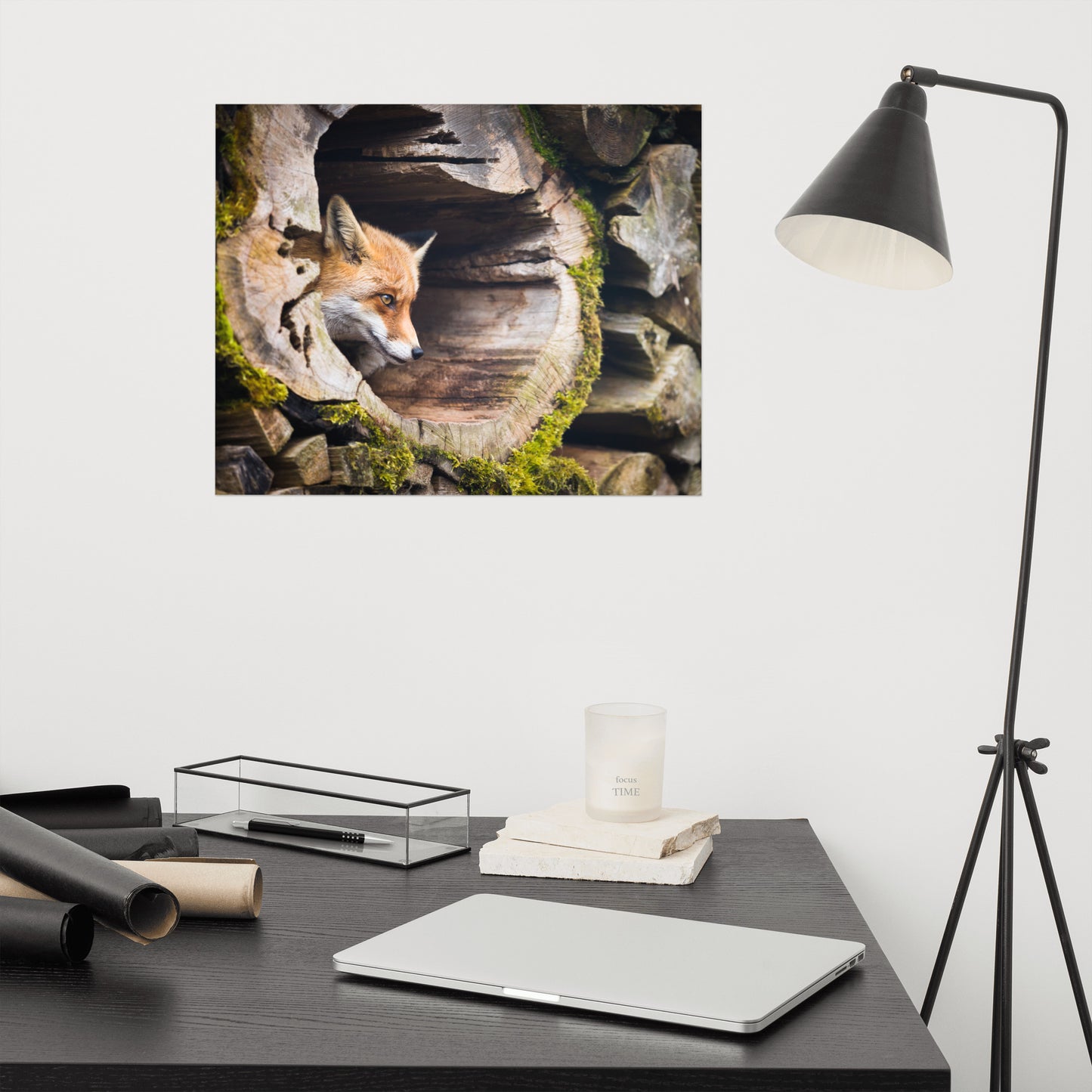 Young Red Fox Face In Mossy Stump Animal Wildlife Rustic Farmhouse Style Nature Photograph Loose Wall Art Print