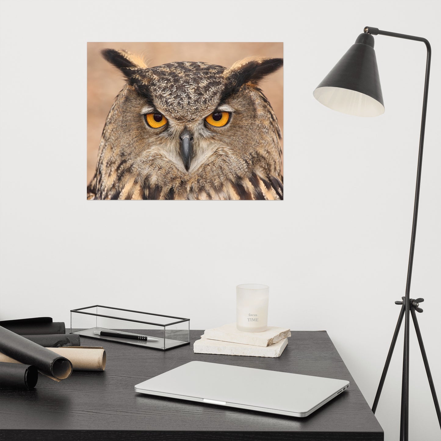 Close-up Yellow Eurasian Eagle Owl Rustic Bird / Animal / Wildlife Photo Loose Wall Art Print