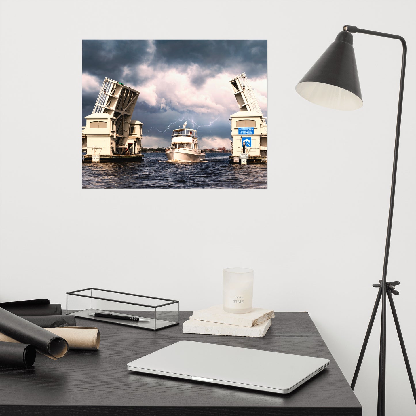 Stormy Drawbridge and Boat Racing Towards the Sun Coastal Landscape Photograph Loose Wall Art Print