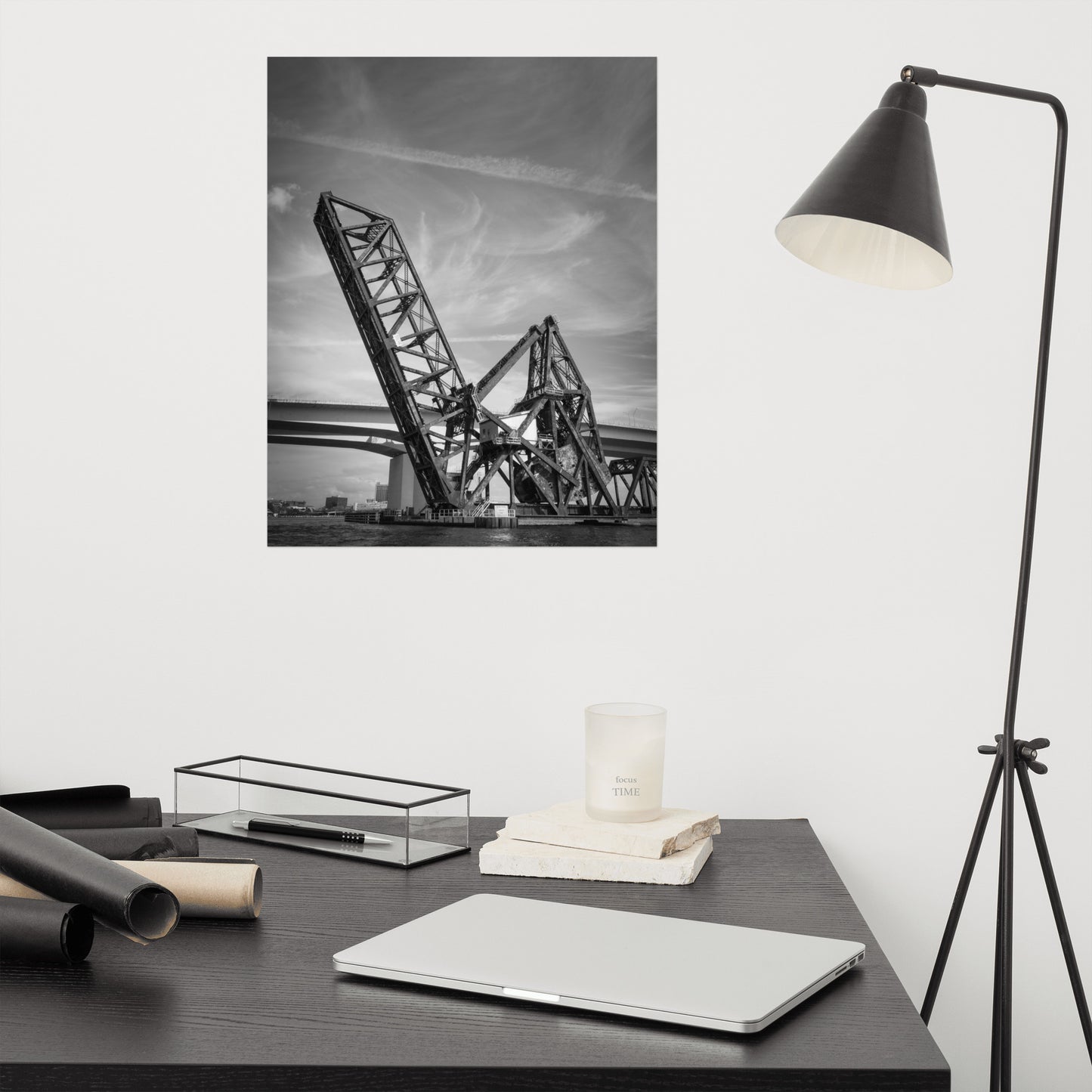 Train Drawbridge Jacksonville 2 Black and White Architectural / Industrial Photo Loose Wall Art Print
