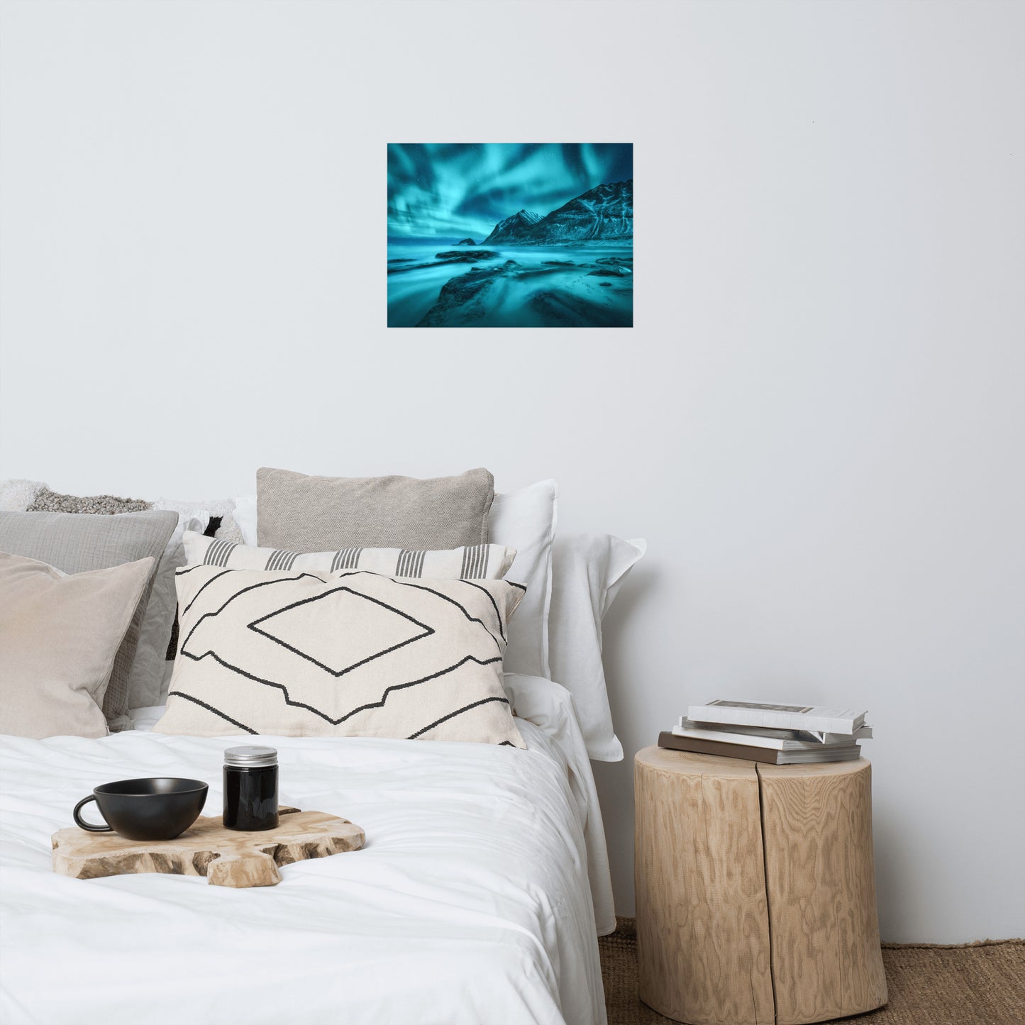 Blue Northern Lights and Mountain Coast Landscape Photo Loose Wall Art Prints