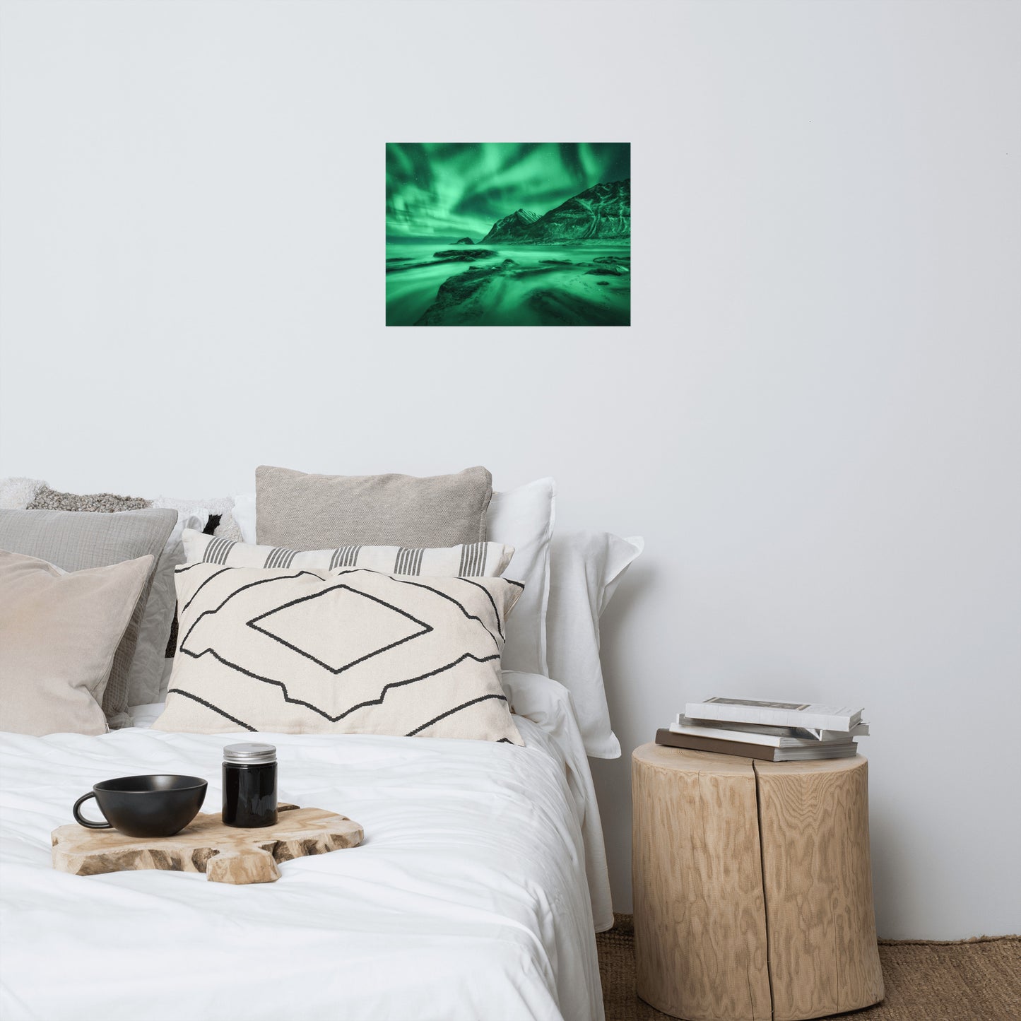 Green Northern Lights and Mountain Coast Landscape Photo Loose Wall Art Prints