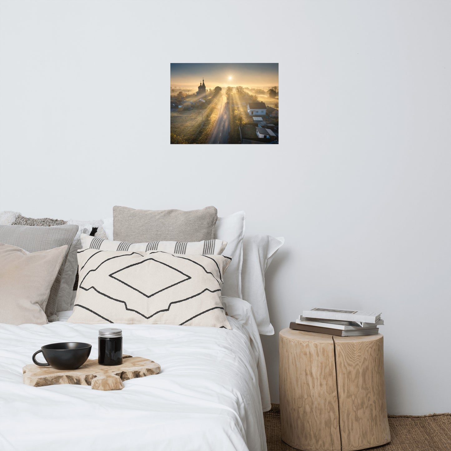Misty Rural Town Sunrise in Autumn with Glory Rays Rustic Farmhouse Style Landscape Photo Loose Wall Art Prints