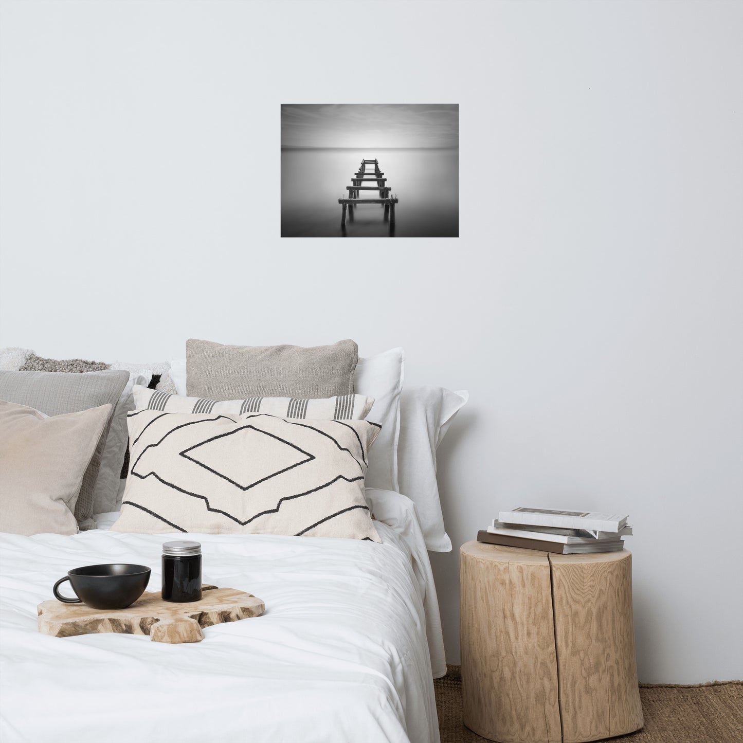 Soft Lake and Abandoned Pier Black and White Landscape Photo Loose Wall Art Prints