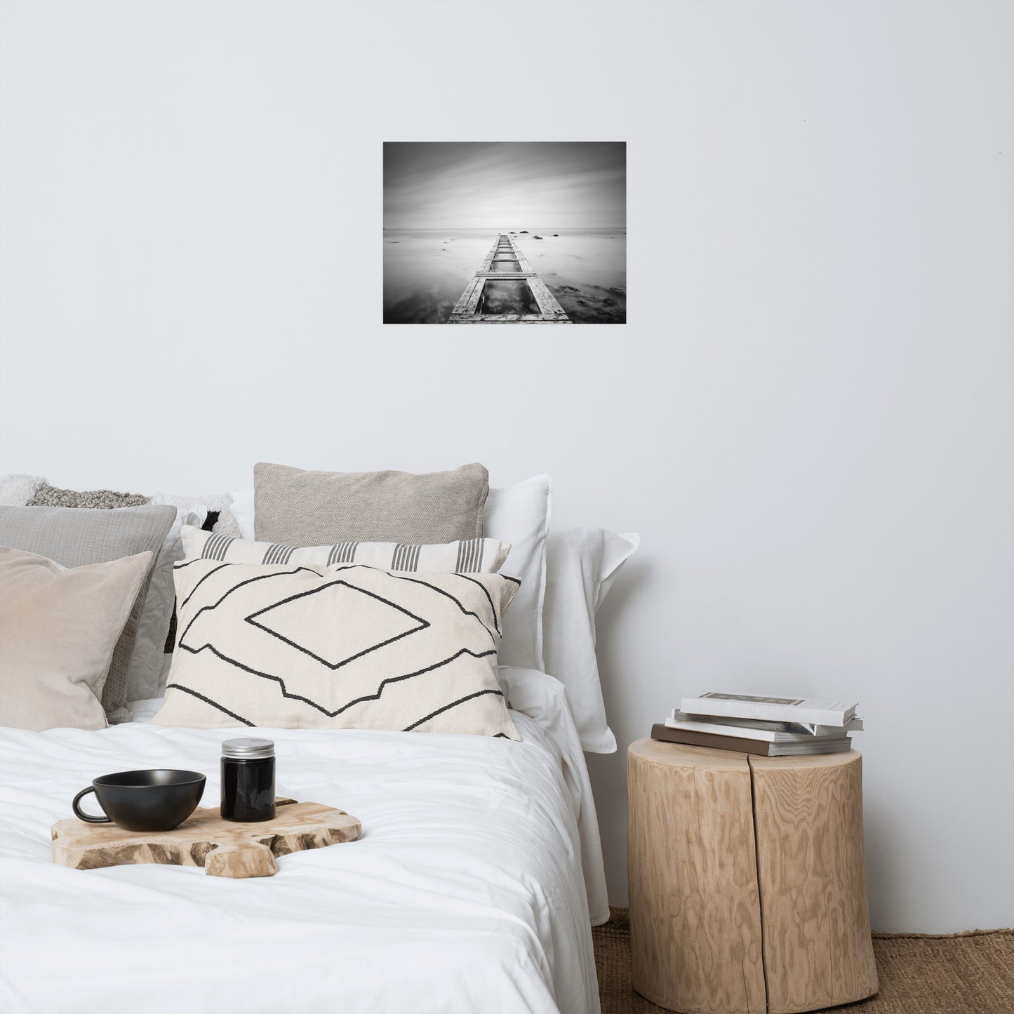Moody Ocean and Sky Wooden Pier Black and White Coastal Landscape Photo Loose Wall Art Prints