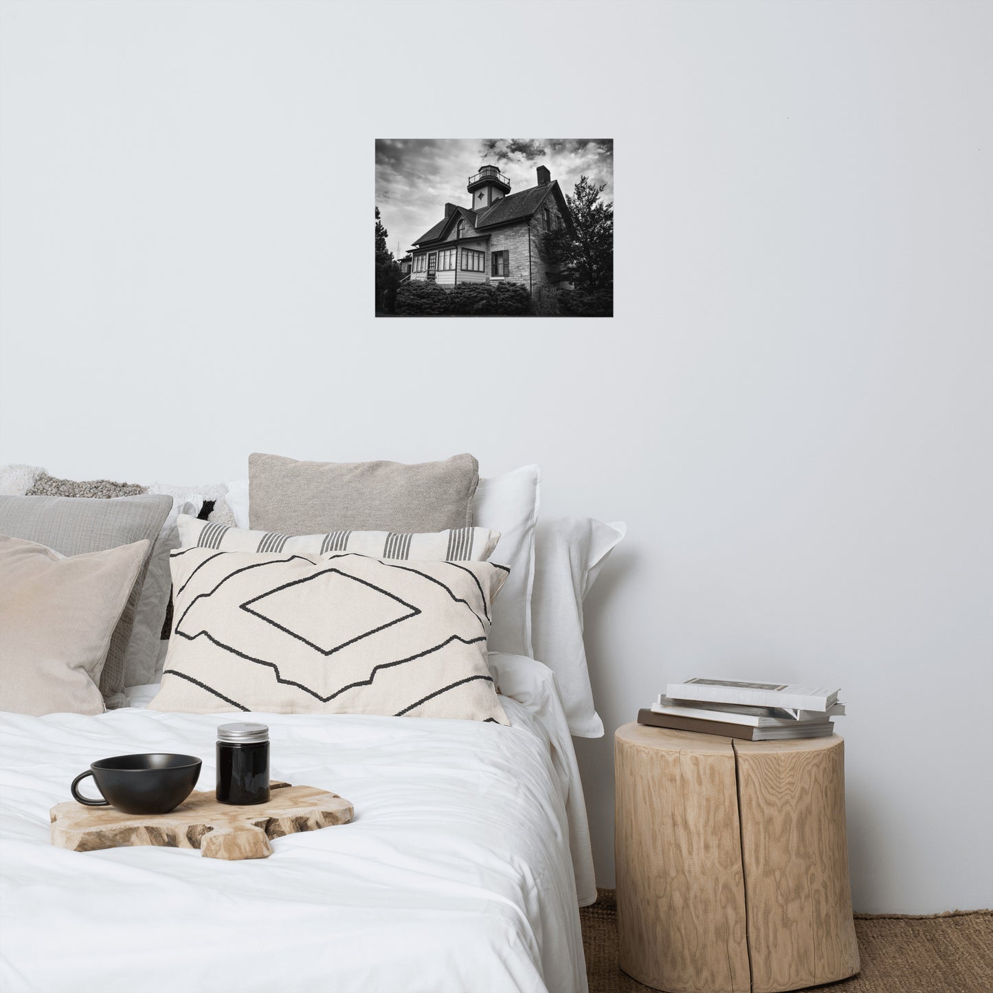 Cedar Point Lighthouse in Black and White Landscape Photo Loose Wall Art Prints