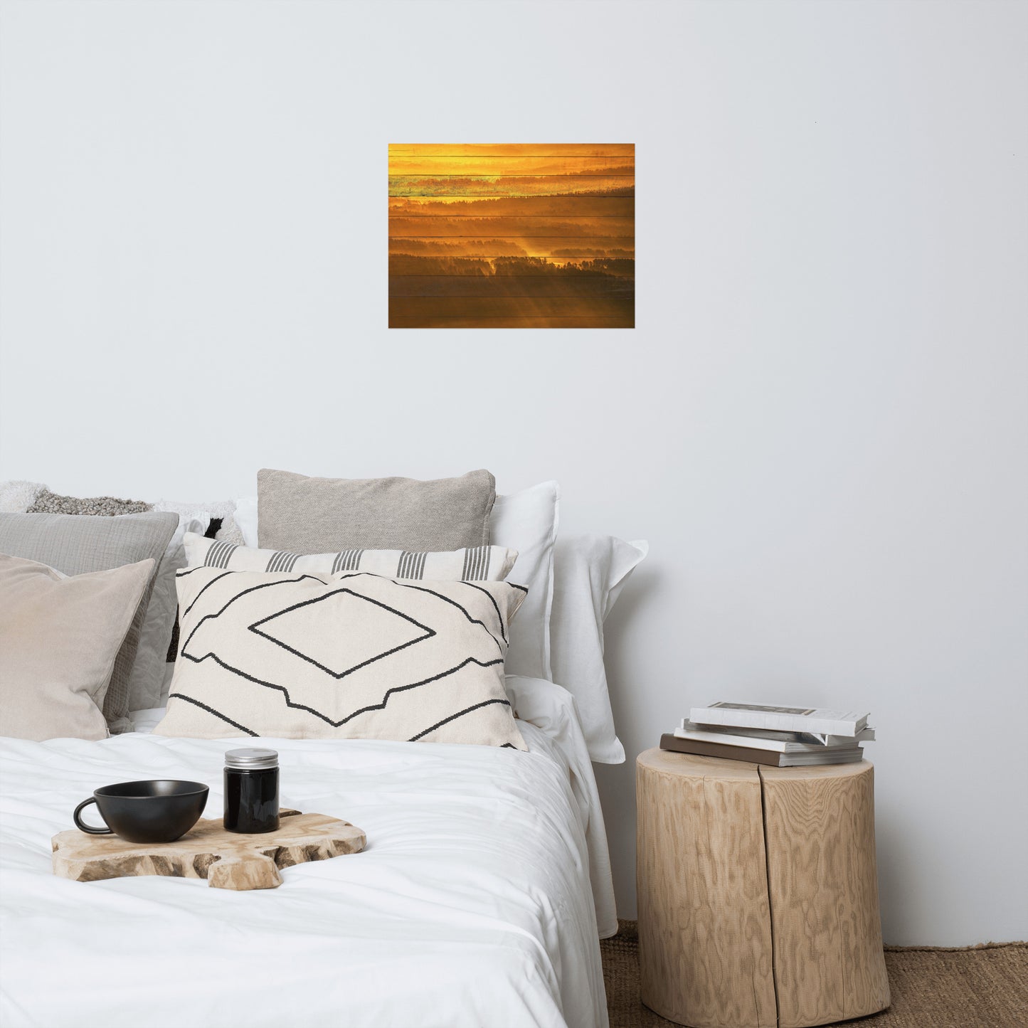 Faux Wood Golden Mist Valley - Hills & Mountain Range Farmhouse Style Landscape Photo Loose Wall Art Prints
