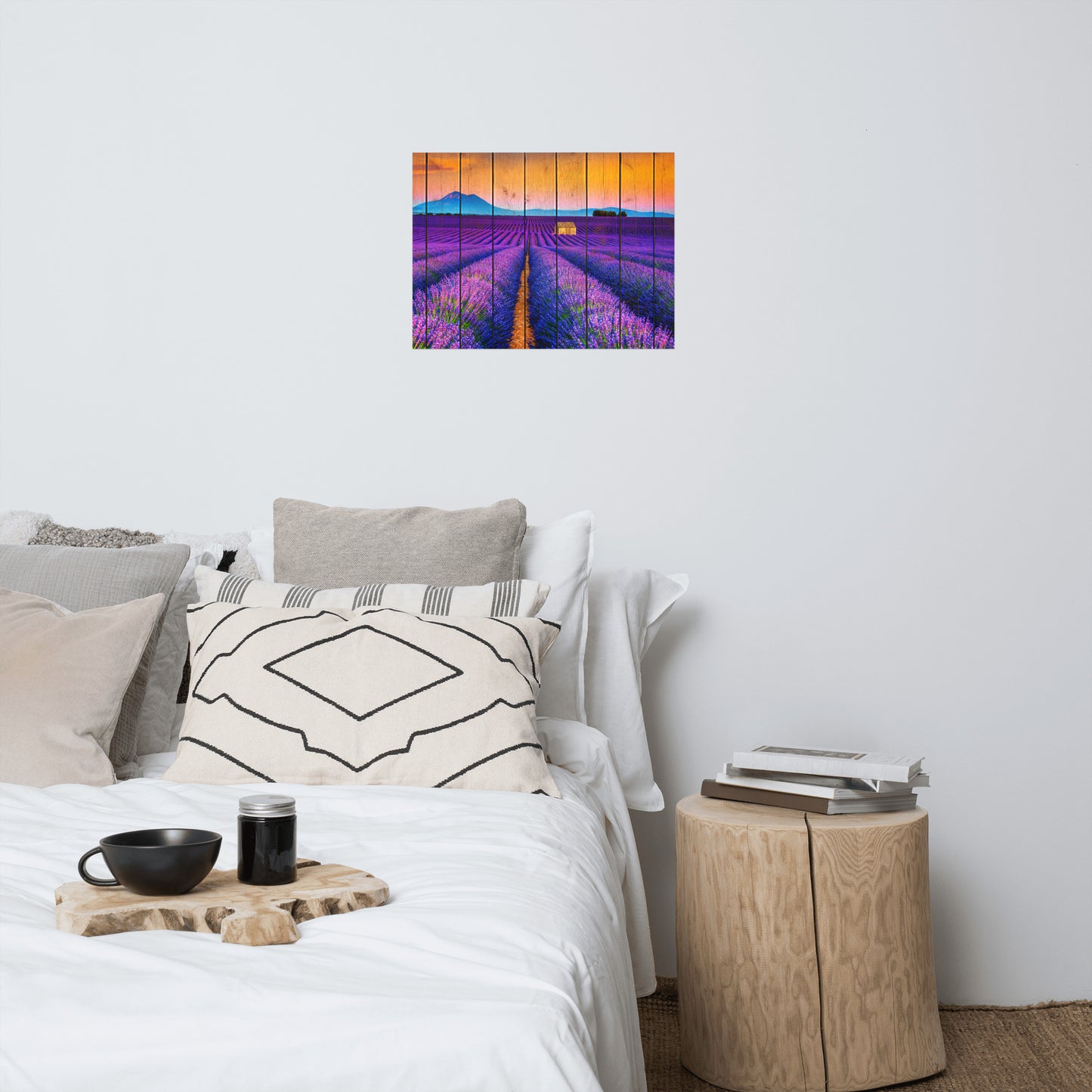 Faux Wood Lavender Fields and Sunset Landscape Photo Loose Wall Art Prints