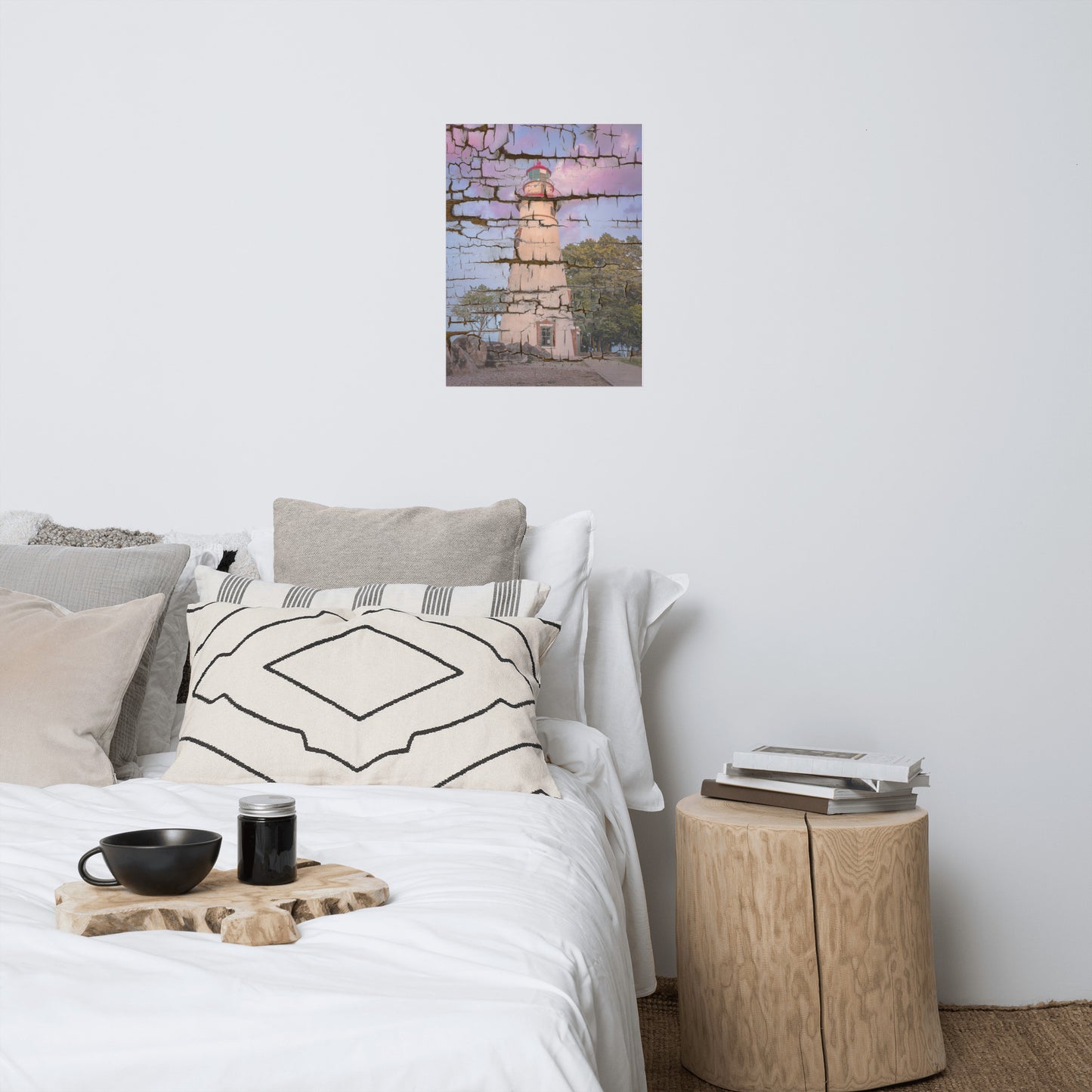 Faux Wood Texture Marblehead Lighthouse at Sunset Landscape Photo Loose Wall Art Print