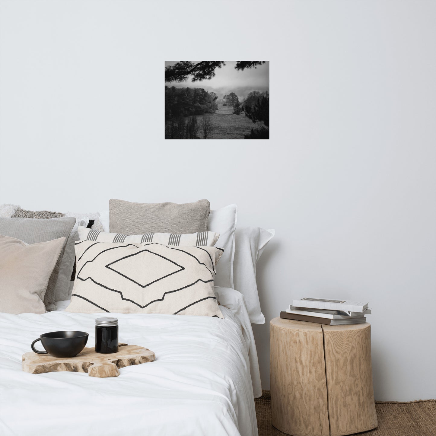 Mist of Valley Forge Rustic Farmhouse Style Black and White Landscape Photo Loose Wall Art Prints