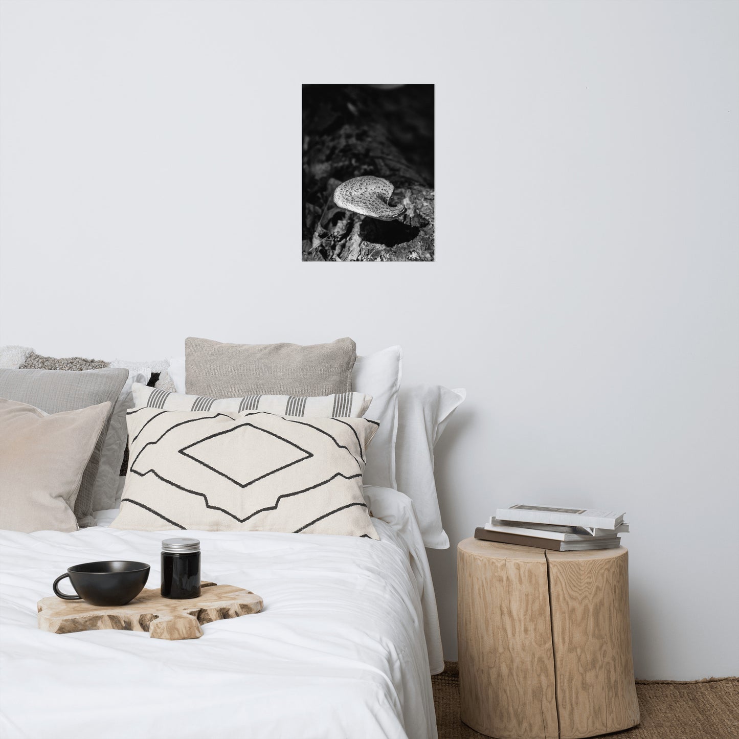Modern Rustic Wall Decor: Mushroom on Log Black and White - Botanical / Plant / Nature Photograph Loose / Unframed / Frameable / Frameless Wall Art Print - Artwork