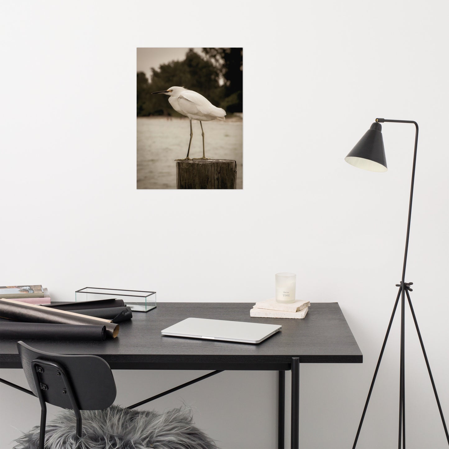 Best Home Office Wall Art: Aged and Colorized Snowy Egret on Pillar Sepia Coastal Bird / Animal / Wildlife / Nature Loose / Unframed / Frameless / Frameable Wall Art Print - Artwork
