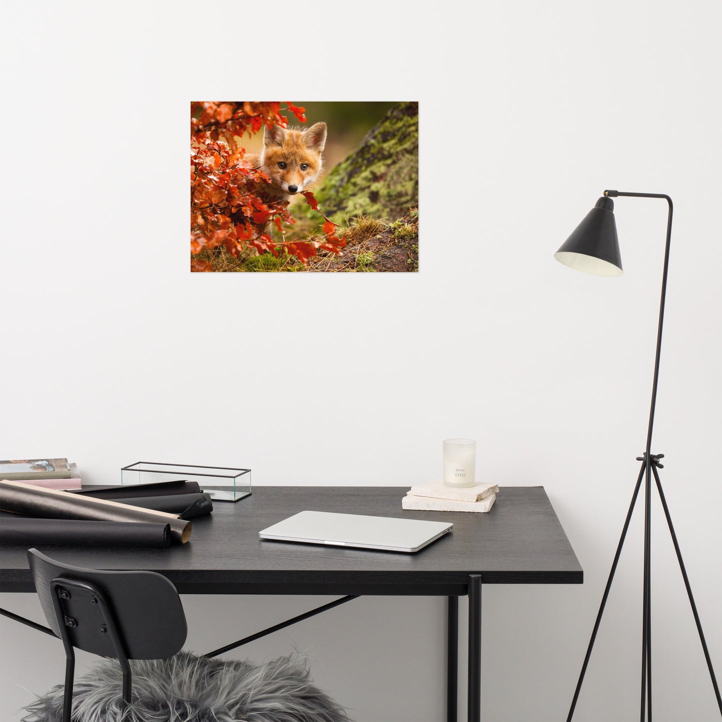 Woodland Nursery Wall Art: Peek-A-Boo Baby Fox Pup And Fall Leaves - Animal / Wildlife / Nature Photograph / Loose / Frameable / Frameless / Unframed Wall Art Print Artwork - Wall Decor