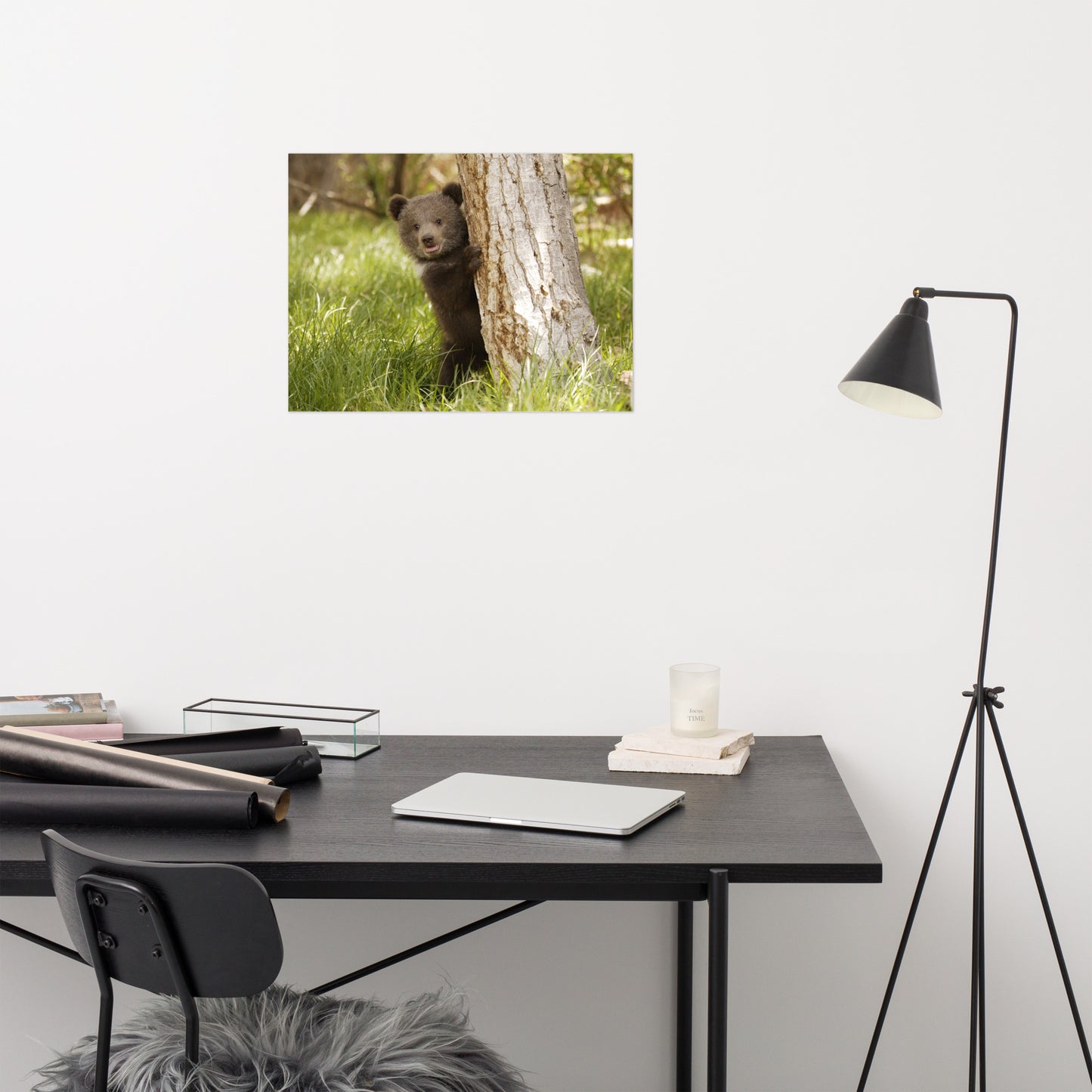 Cute Baby Grizzly Bear Cub Behind Tree In Meadow Rustic Animal / Wildlife Photo Loose Wall Art Print