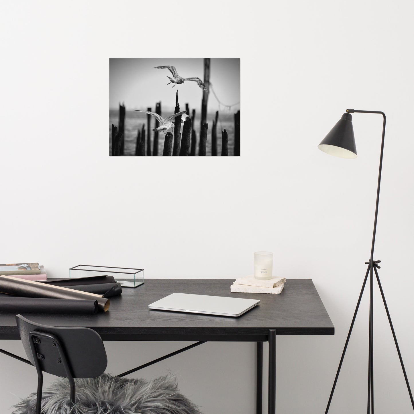 Flying Sea Gull in Black and White Moody Bird / Animal / Wildlife Photo Loose Wall Art Print