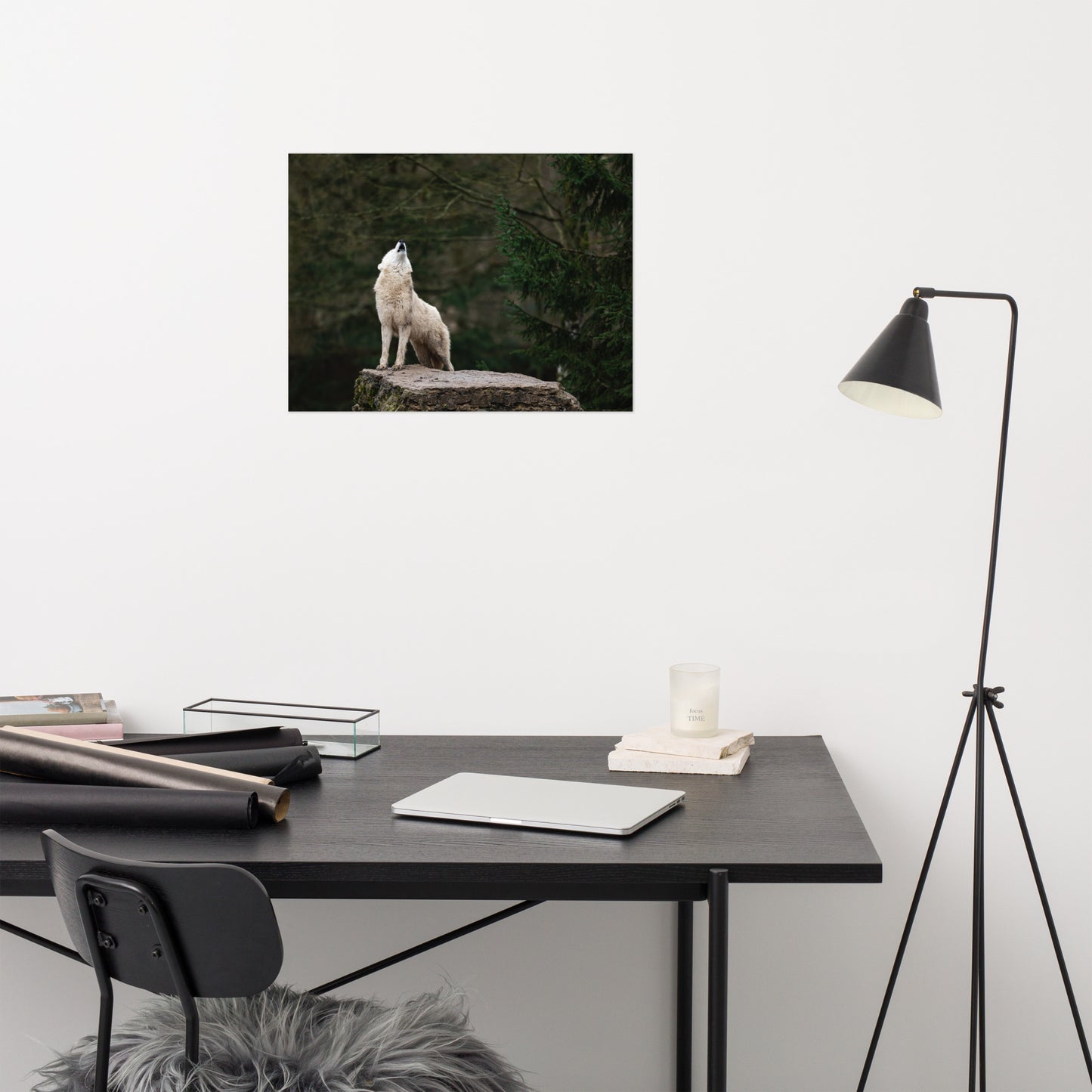 Howling White Wolf In The Forest Rustic Farmhouse Style Animal Wildlife Nature Photograph Loose Wall Art Print
