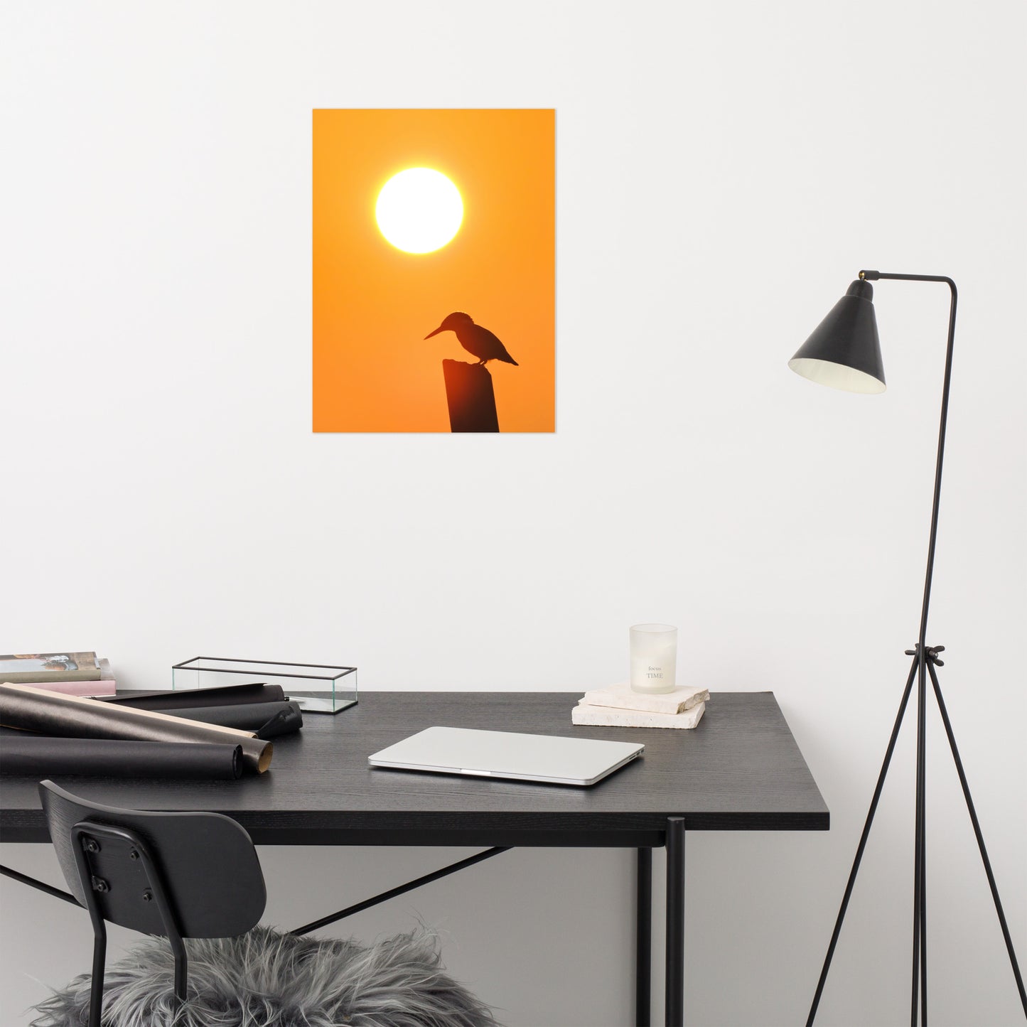 Kingfisher Bird Silhouette on Perch at Sunset Loose Wall Art Print