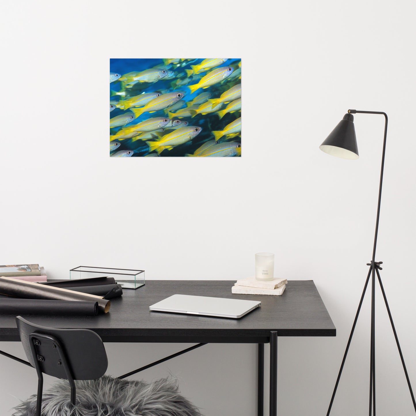 School of Yellow Tropical Fish in Blue Ocean Water Animal Wildlife Photograph Loose Wall Art Print