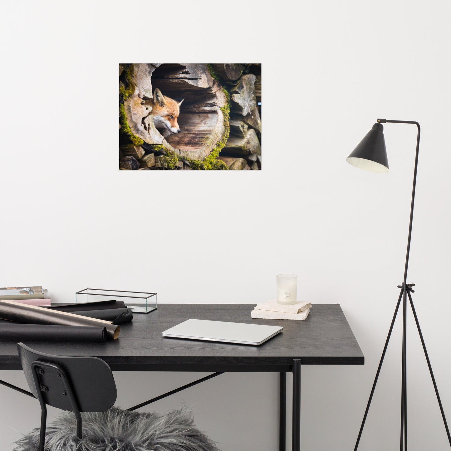 Young Red Fox Face In Mossy Stump Animal Wildlife Rustic Farmhouse Style Nature Photograph Loose Wall Art Print