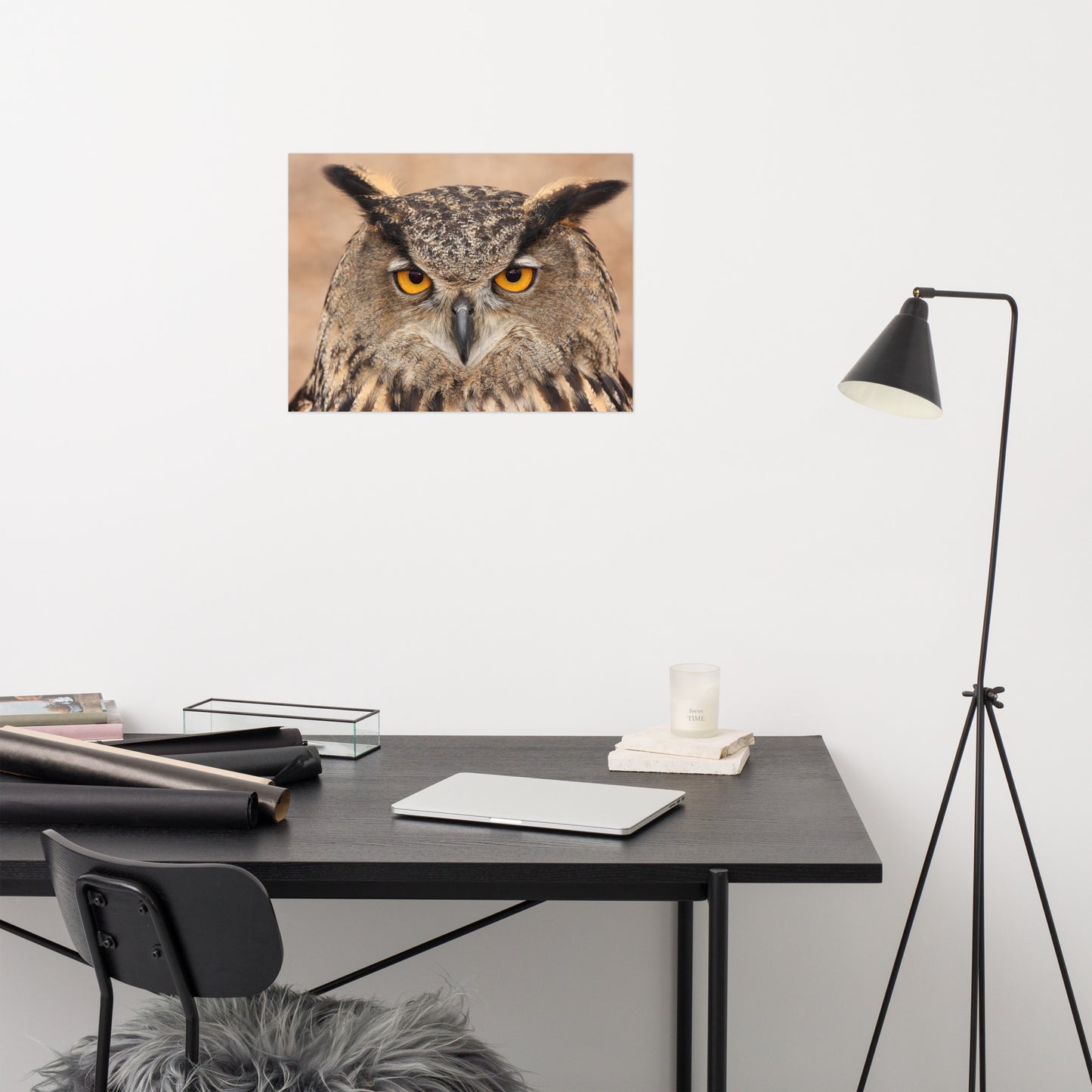 Close-up Yellow Eurasian Eagle Owl Rustic Bird / Animal / Wildlife Photo Loose Wall Art Print
