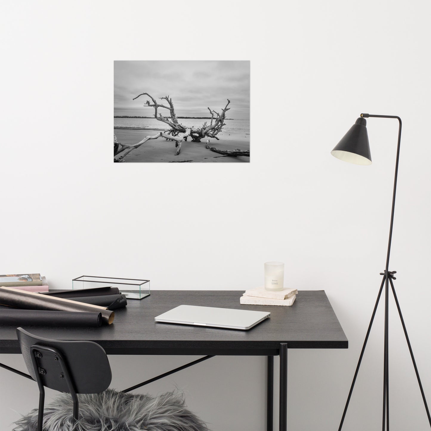 Driftwood on Boneyard Beach Florida 3 Black and White Rustic Coastal Landscape Photo - Loose Wall Art Print