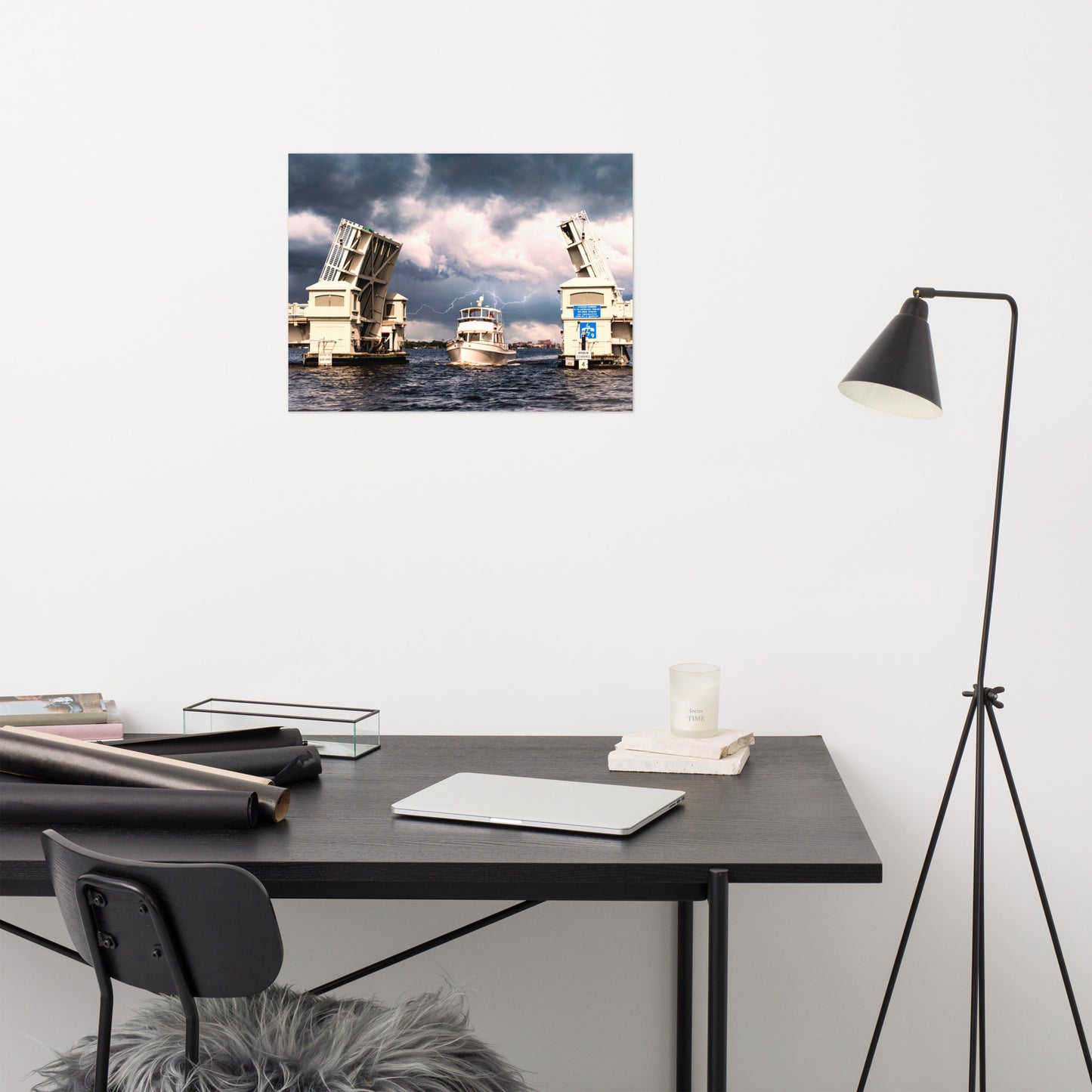 Stormy Drawbridge and Boat Racing Towards the Sun Coastal Landscape Photograph Loose Wall Art Print