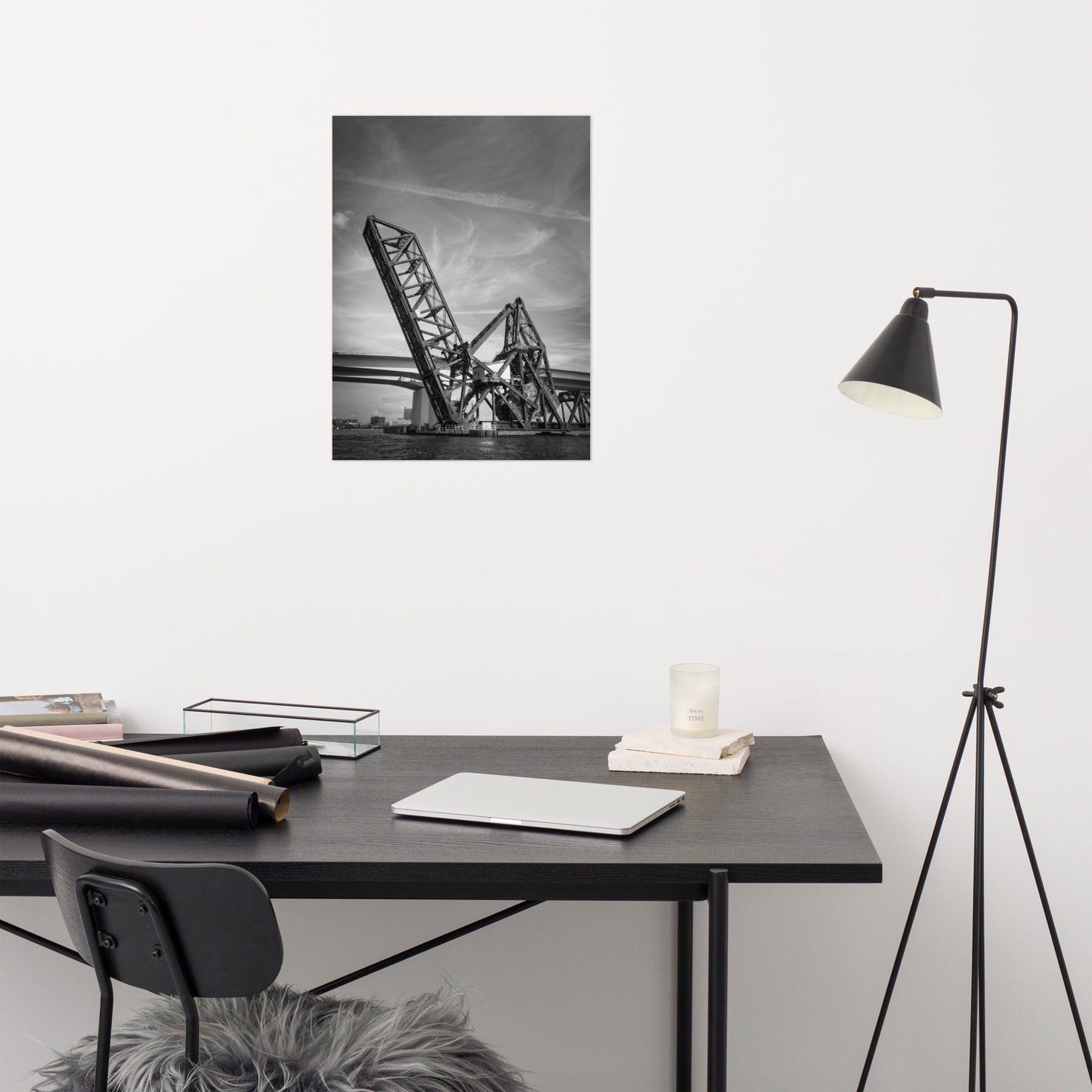 Train Drawbridge Jacksonville 2 Black and White Architectural / Industrial Photo Loose Wall Art Print