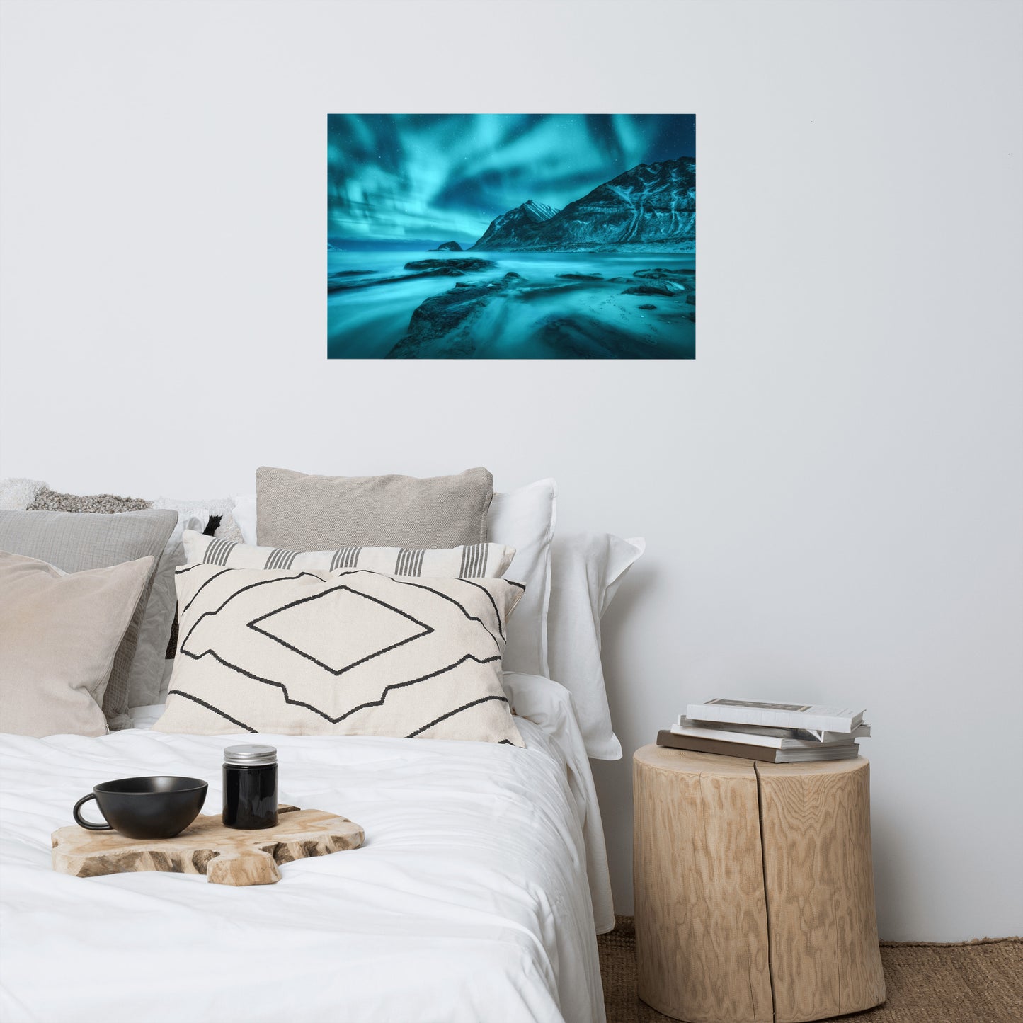 Blue Northern Lights and Mountain Coast Landscape Photo Loose Wall Art Prints