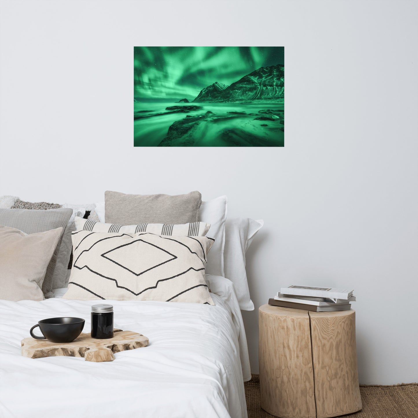 Green Northern Lights and Mountain Coast Landscape Photo Loose Wall Art Prints