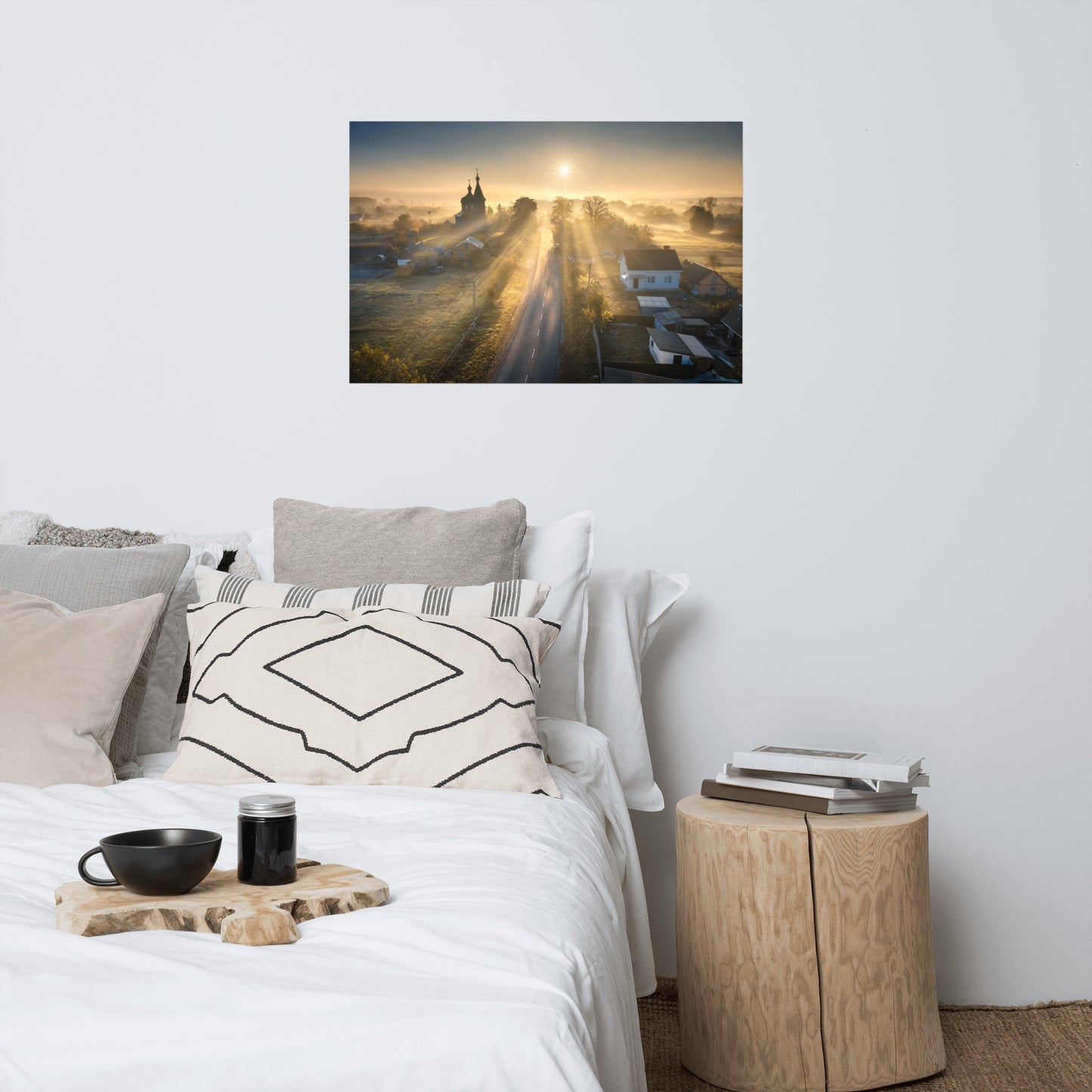 Misty Rural Town Sunrise in Autumn with Glory Rays Rustic Farmhouse Style Landscape Photo Loose Wall Art Prints