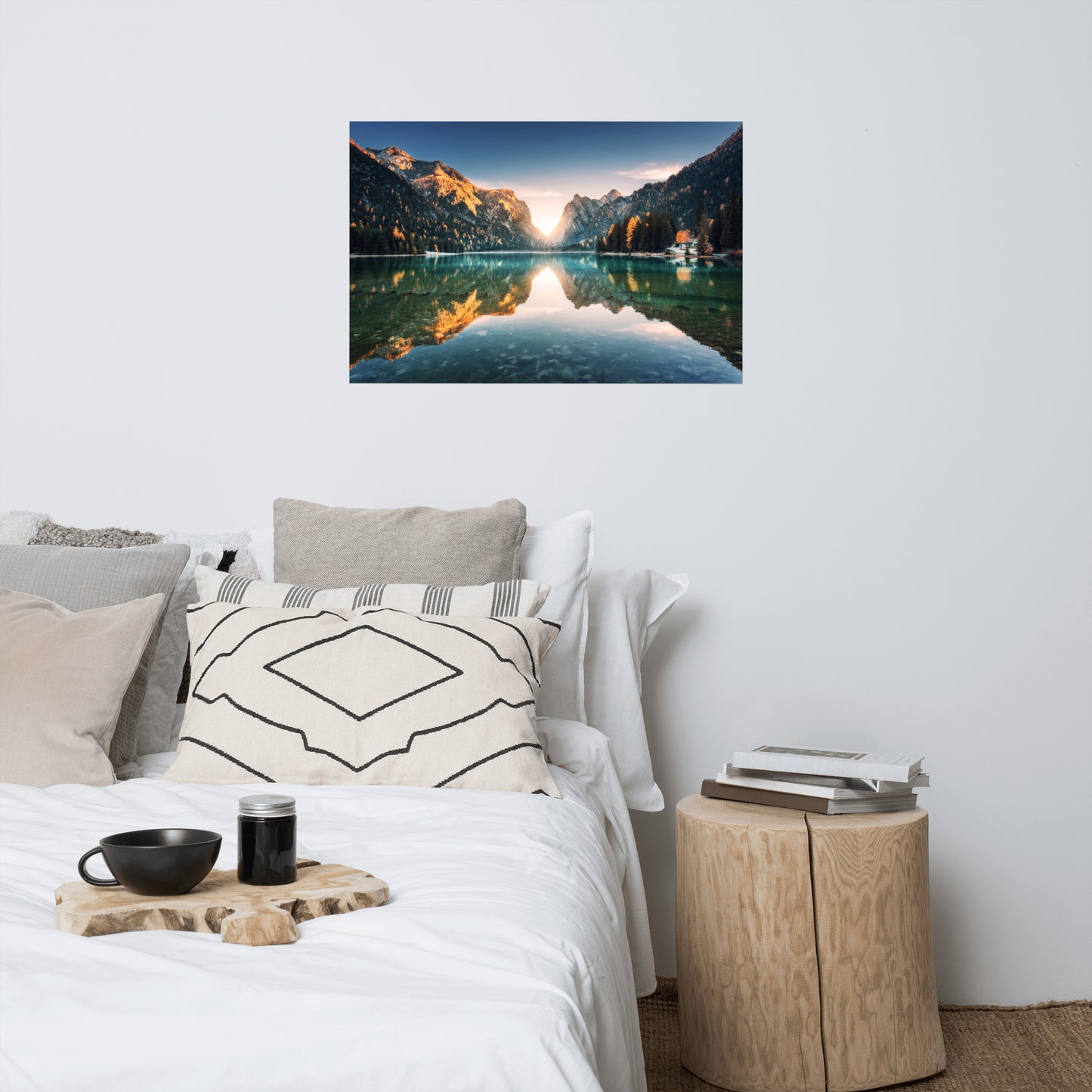 Sunrise Misty Mountain Lake Lively Color Effect Rustic Farmhouse Style Landscape Photo Loose Wall Art Prints