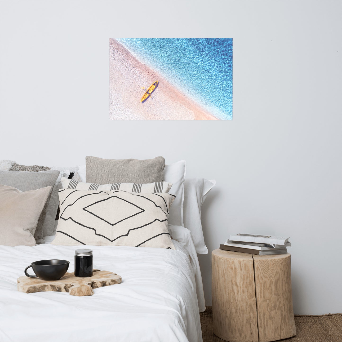 Yellow Canoe and Blue Sea by with Violet Glow Landscape Photo Loose Wall Art Prints