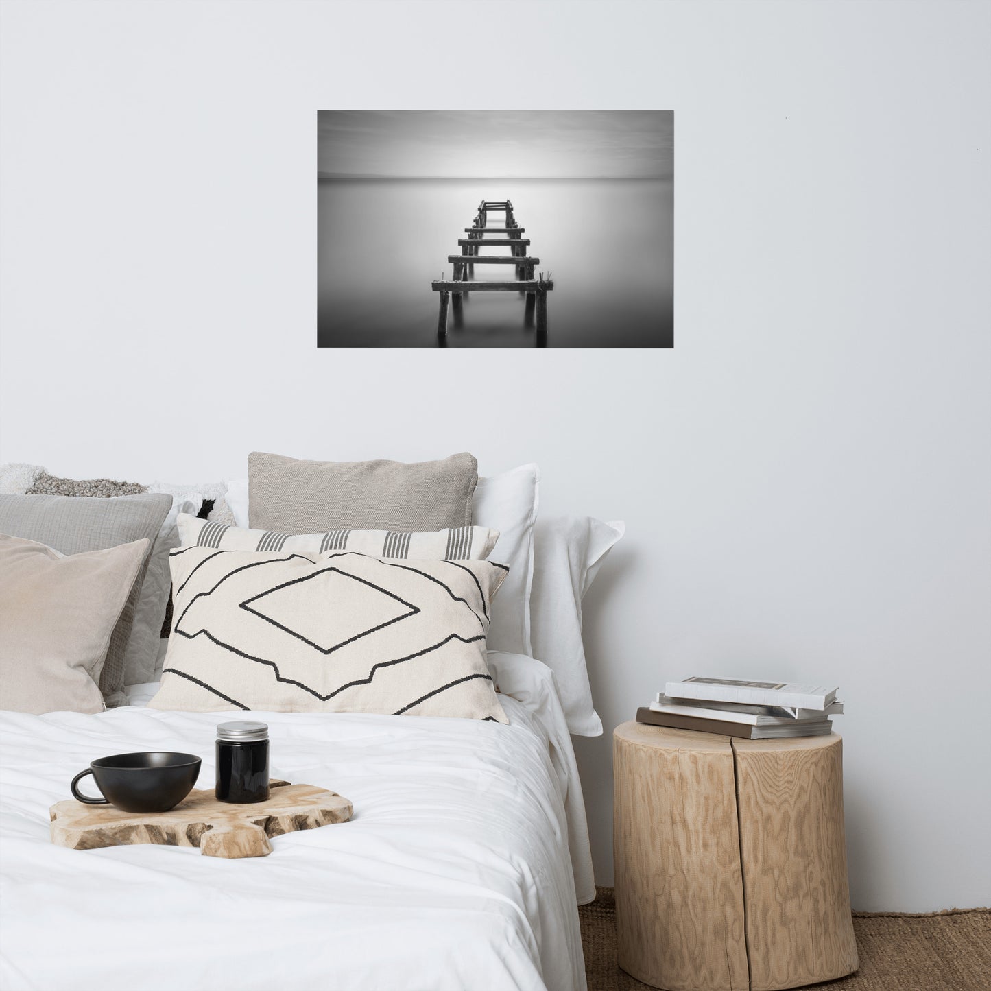 Soft Lake and Abandoned Pier Black and White Landscape Photo Loose Wall Art Prints
