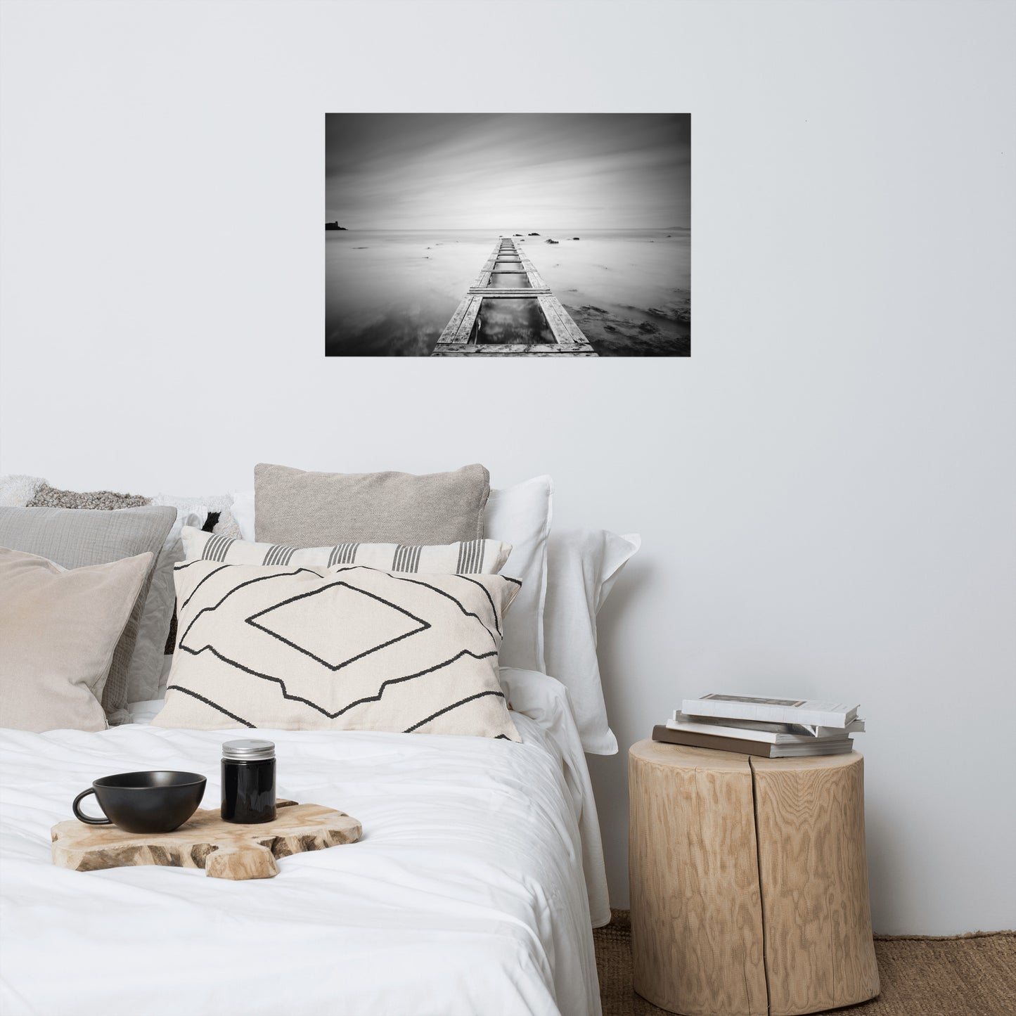 Moody Ocean and Sky Wooden Pier Black and White Coastal Landscape Photo Loose Wall Art Prints