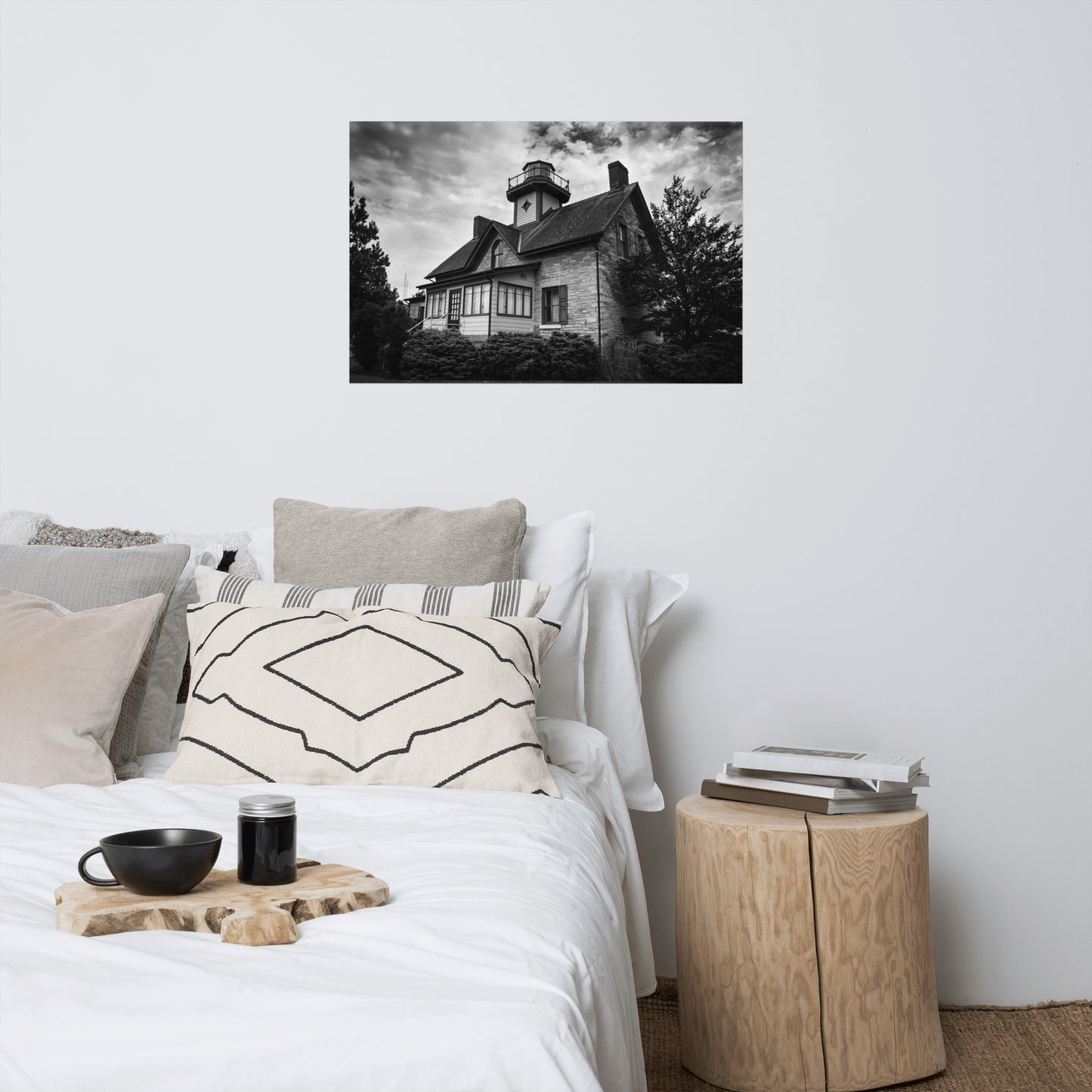 Cedar Point Lighthouse in Black and White Landscape Photo Loose Wall Art Prints