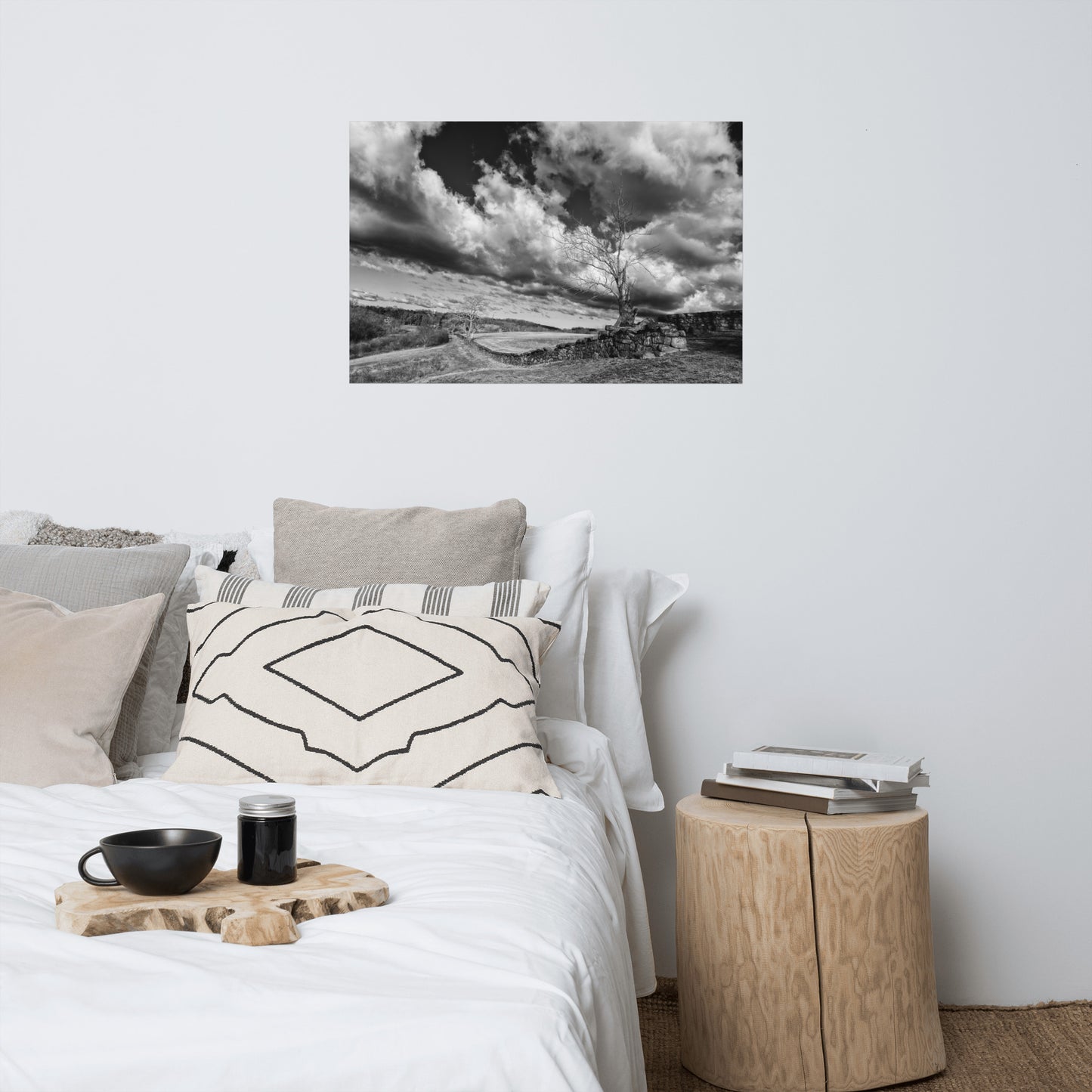 Dead Tree and Stone Wall Black and White Rustic Landscape Photo Loose Wall Art Prints