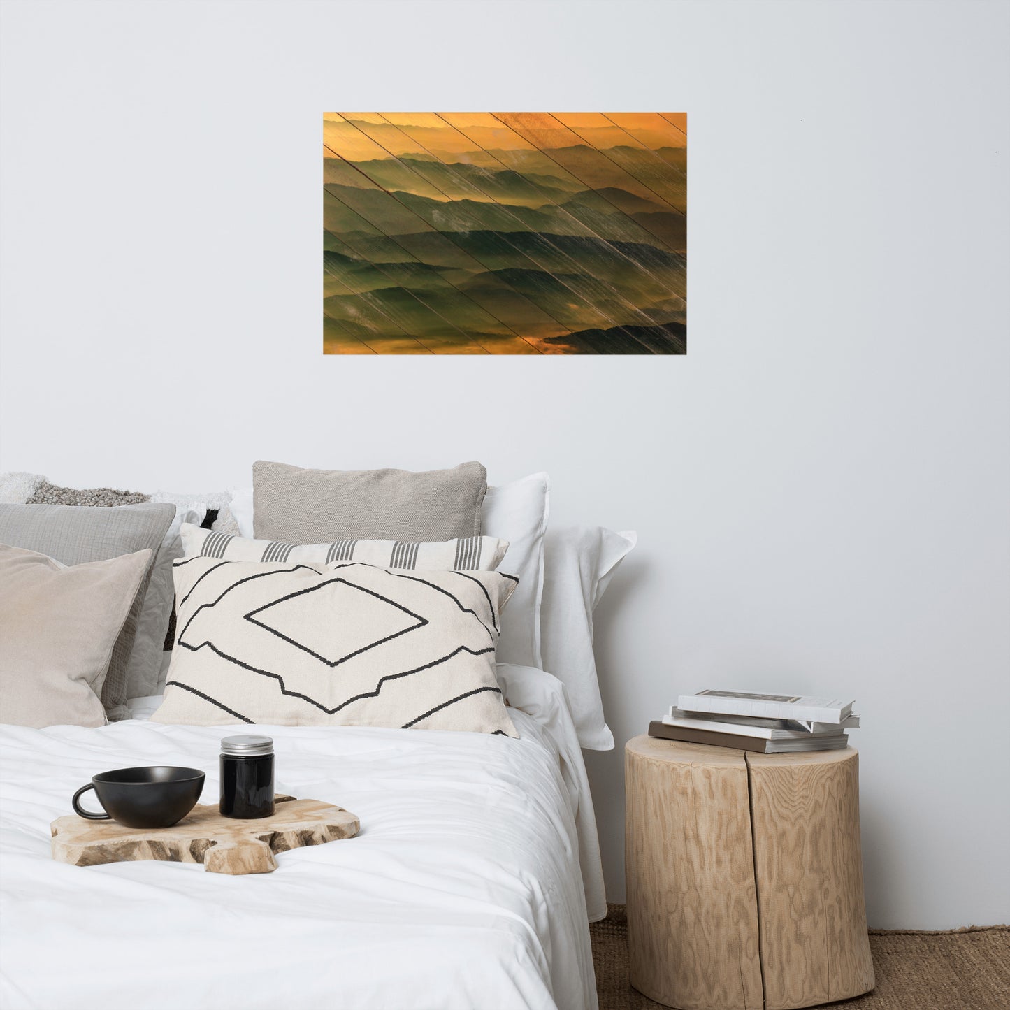 Faux Wood Foggy Mountain Layers at Sunset Farmhouse Style Landscape Photo Loose Wall Art Prints
