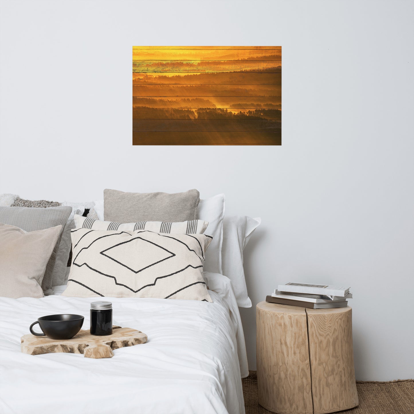 Faux Wood Golden Mist Valley - Hills & Mountain Range Farmhouse Style Landscape Photo Loose Wall Art Prints