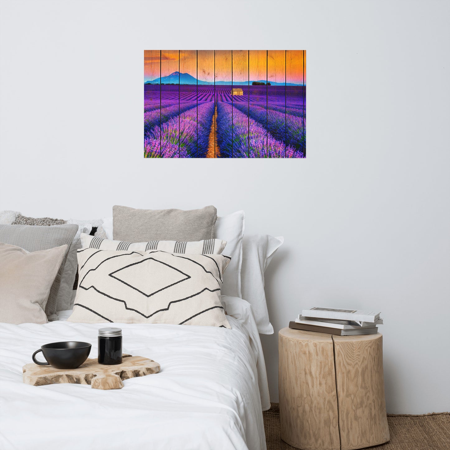 Faux Wood Lavender Fields and Sunset Landscape Photo Loose Wall Art Prints
