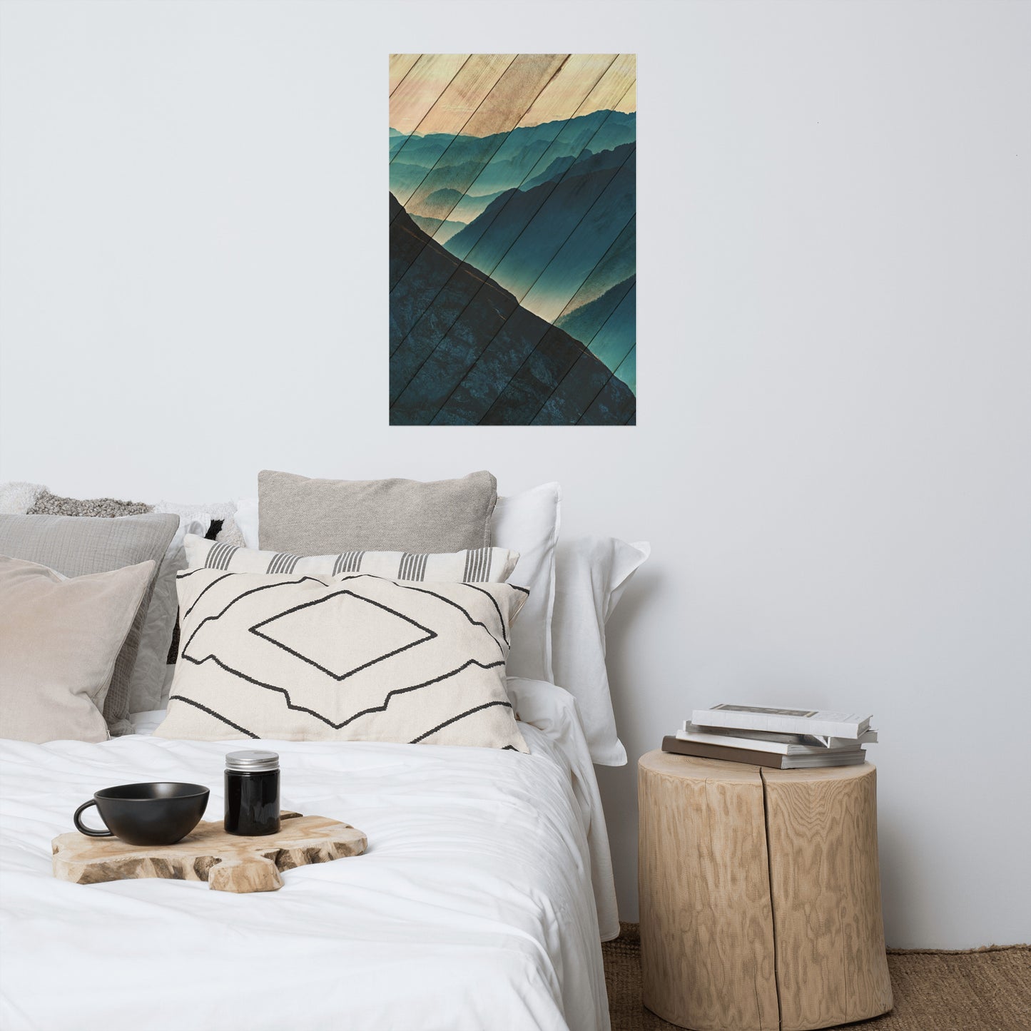 Faux Wood Misty Blue Silhouette Mountain Range Landscape Photo Loose Wall Art Print